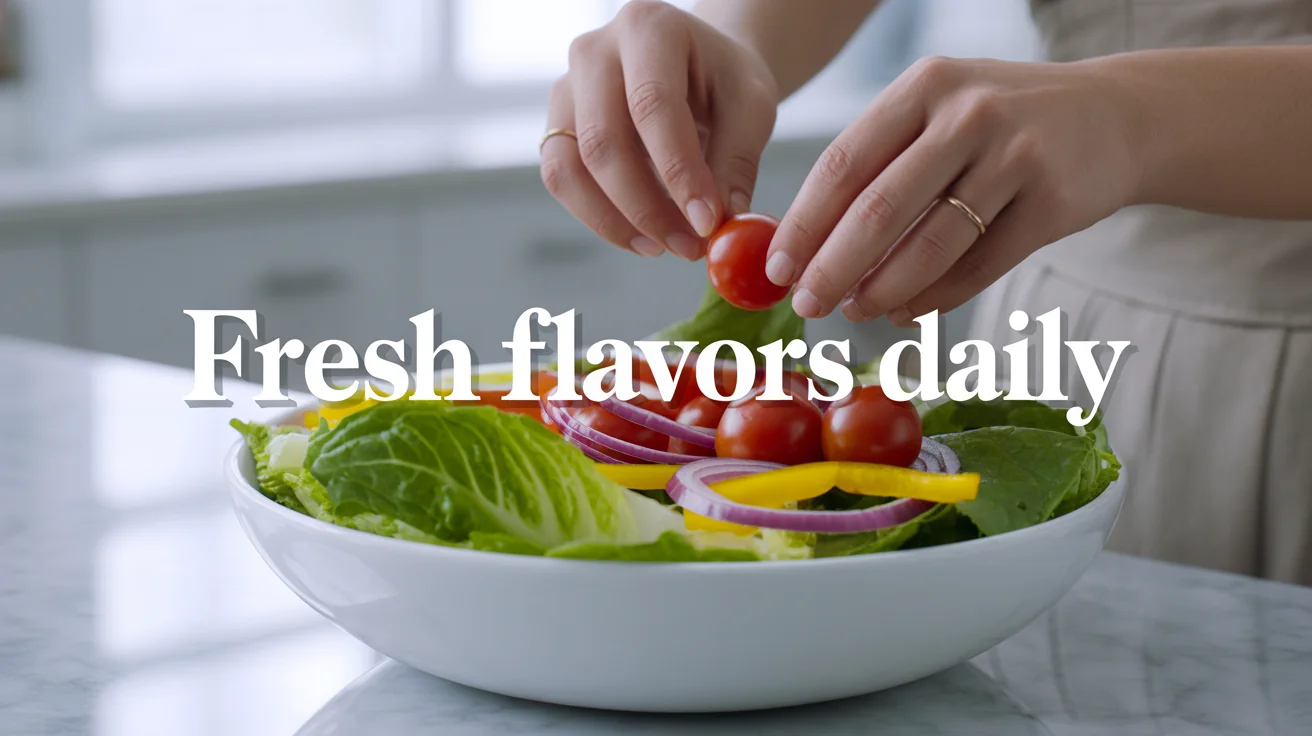 A high-resolution video still from a cooking show, showing hands preparing a colorful salad, with the text 'Fresh Flavors Daily' overlaid on the image to demonstrate a text on video feature.