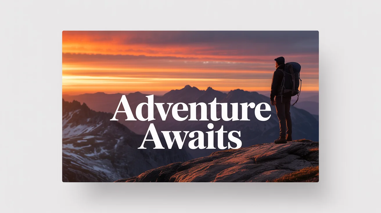 A mockup of a video frame showing a scenic mountain landscape at sunset with the text 'Adventure Awaits' overlaid, demonstrating the feature of adding text to videos.