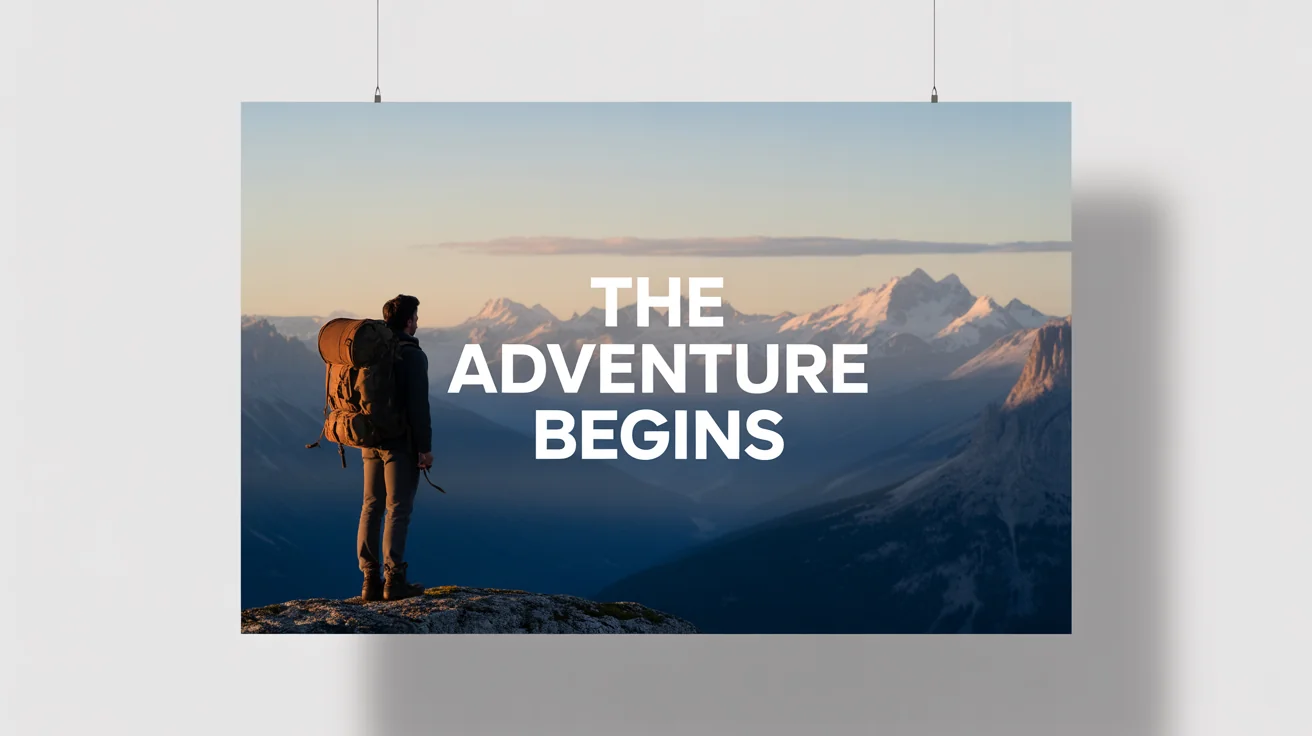 A mockup of a cinematic video frame showing a beautiful mountain sunrise with the text 'The Adventure Begins' overlaid, illustrating the feature of adding text to videos.