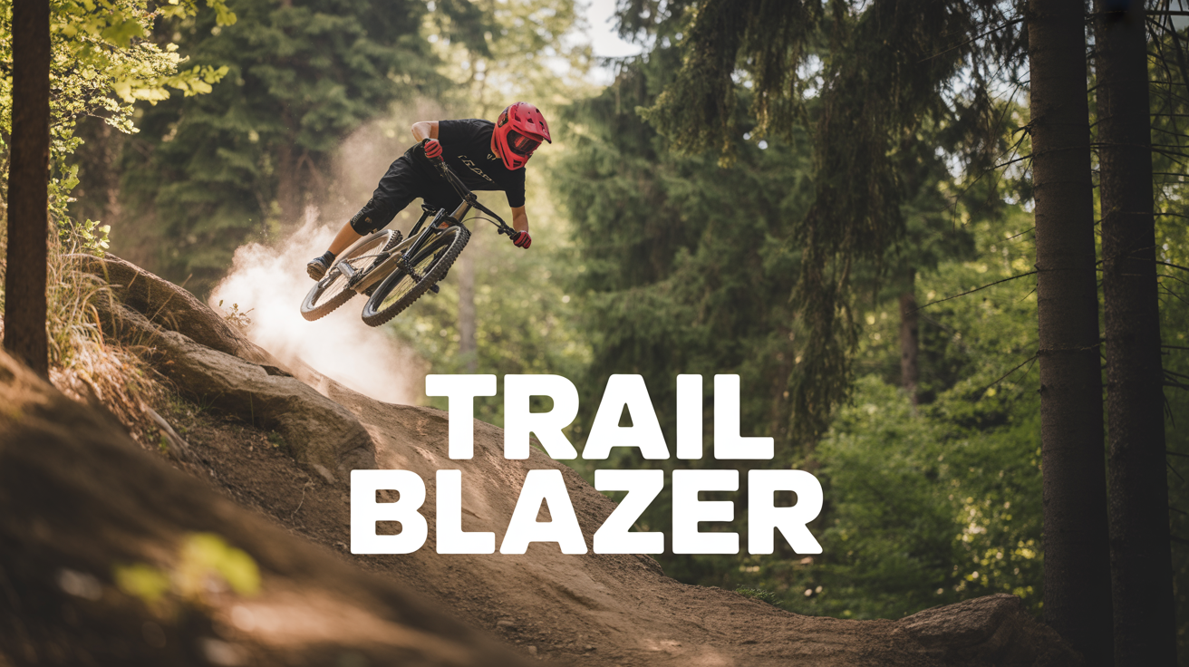 A mockup demonstrating text overlay on video, featuring a cinematic shot of a mountain biker in mid-air on a forest trail, with the text 'TRAIL BLAZER' overlaid on the image.
