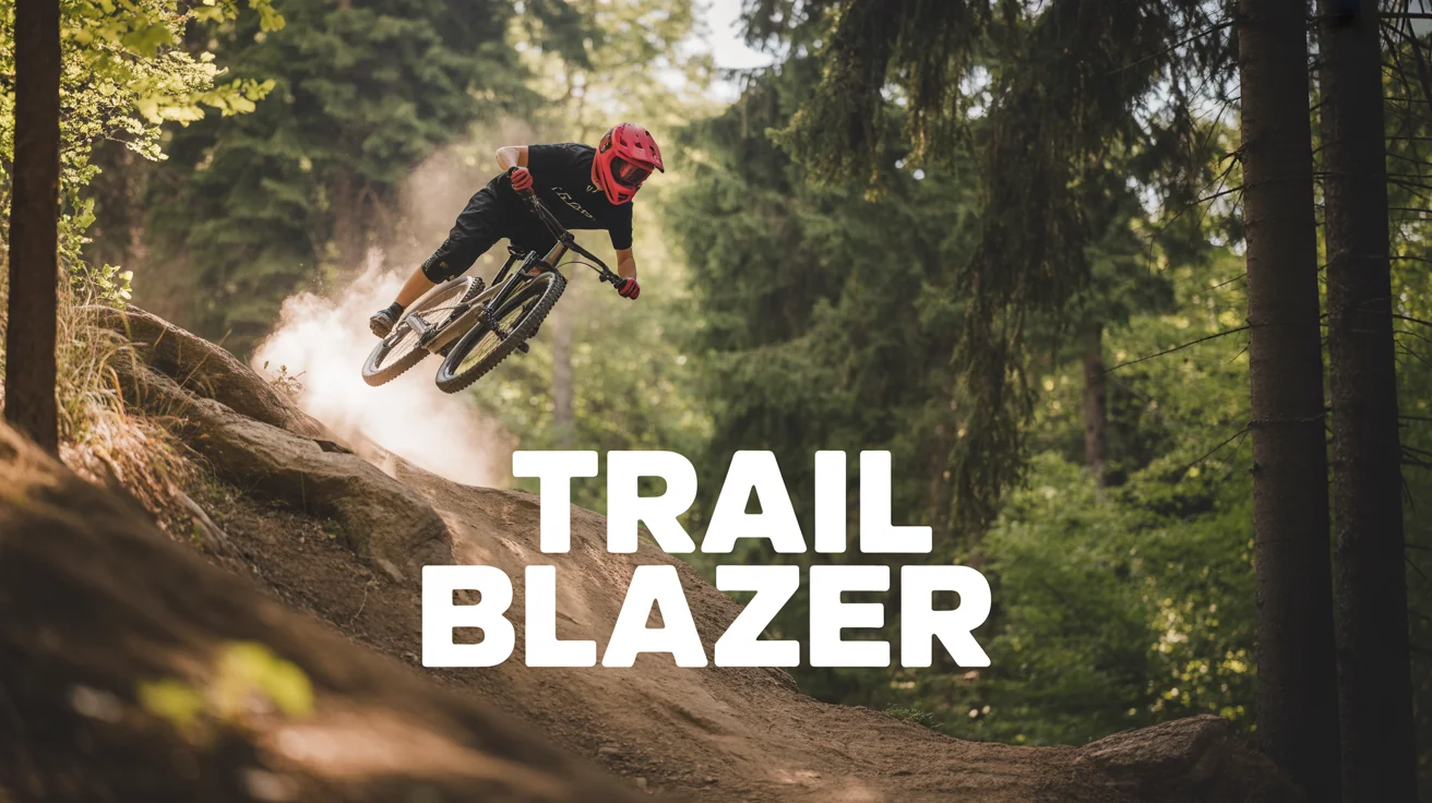 A mockup demonstrating text overlay on video, featuring a cinematic shot of a mountain biker in mid-air on a forest trail, with the text 'TRAIL BLAZER' overlaid on the image.