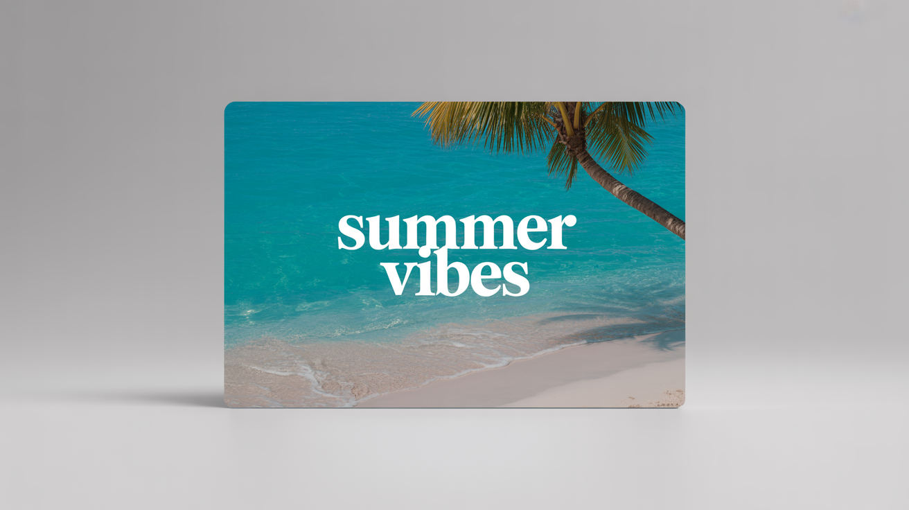 A mockup of a video frame showing a tropical beach scene, with the words 'SUMMER VIBES' overlaid in a bold white font. The image is on a clean white background.
