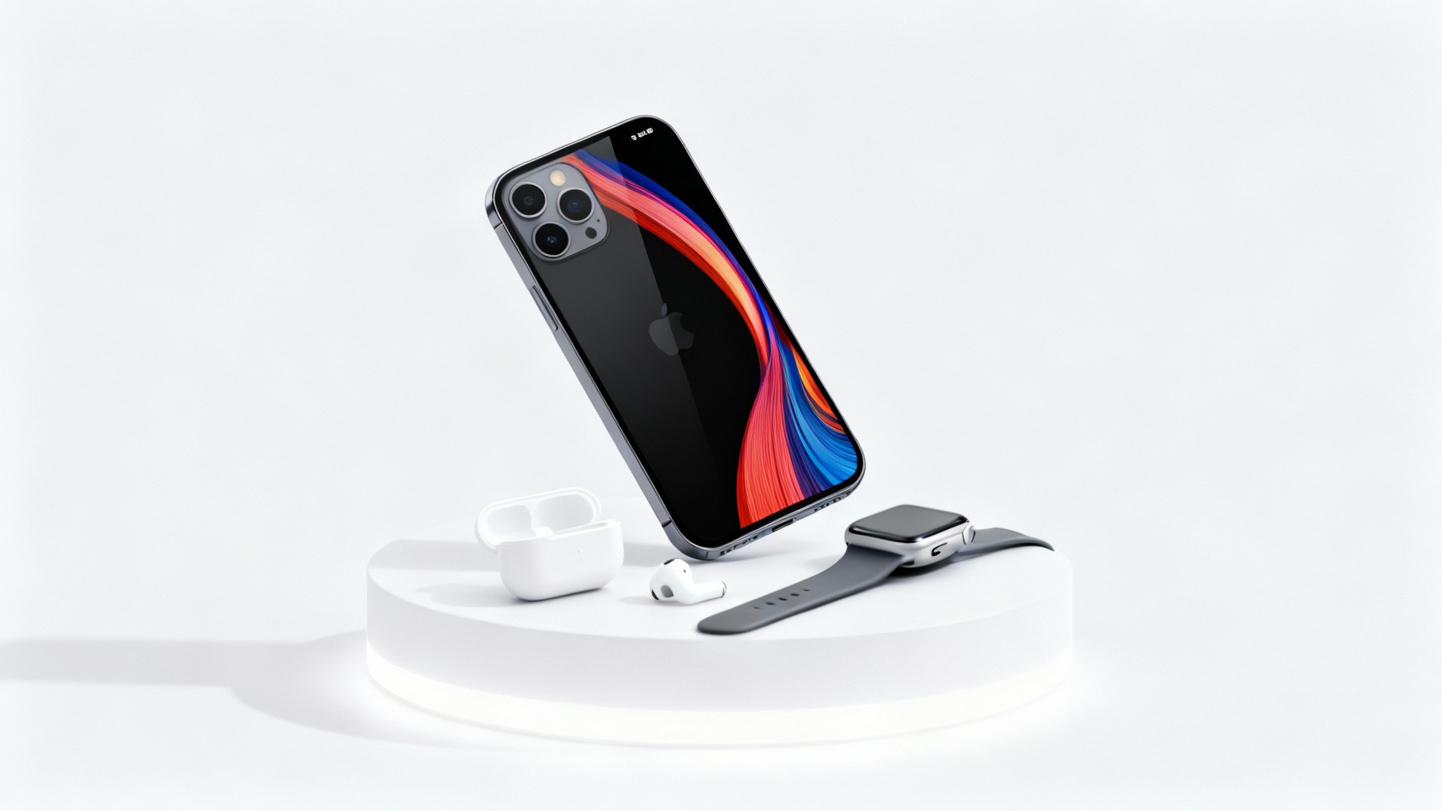 A professional product photograph of a new smartphone, wireless earbuds, and a smartwatch arranged on a minimalist surface, lit by studio lights against a clean background.