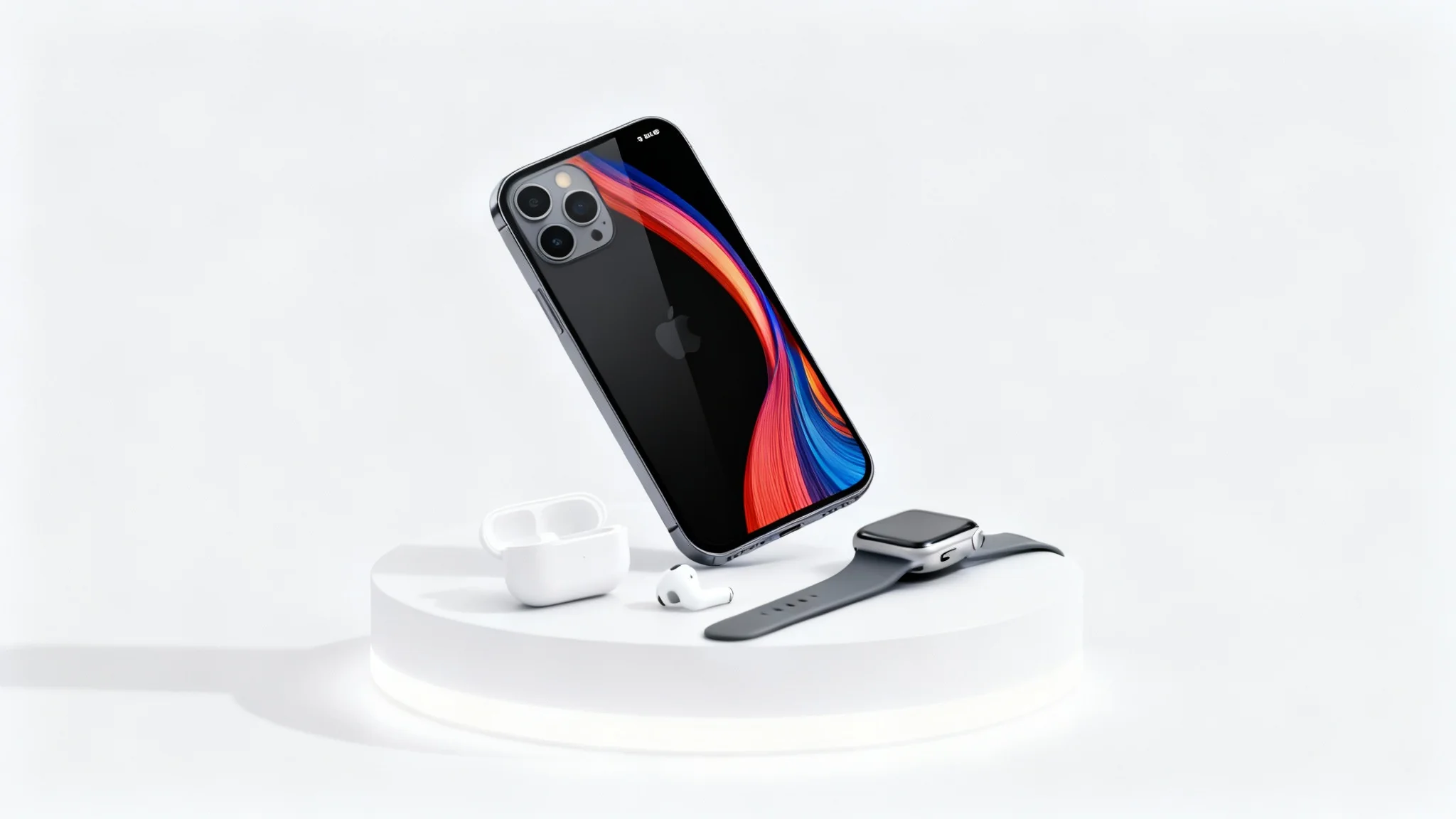 A professional product photograph of a new smartphone, wireless earbuds, and a smartwatch arranged on a minimalist surface, lit by studio lights against a clean background.