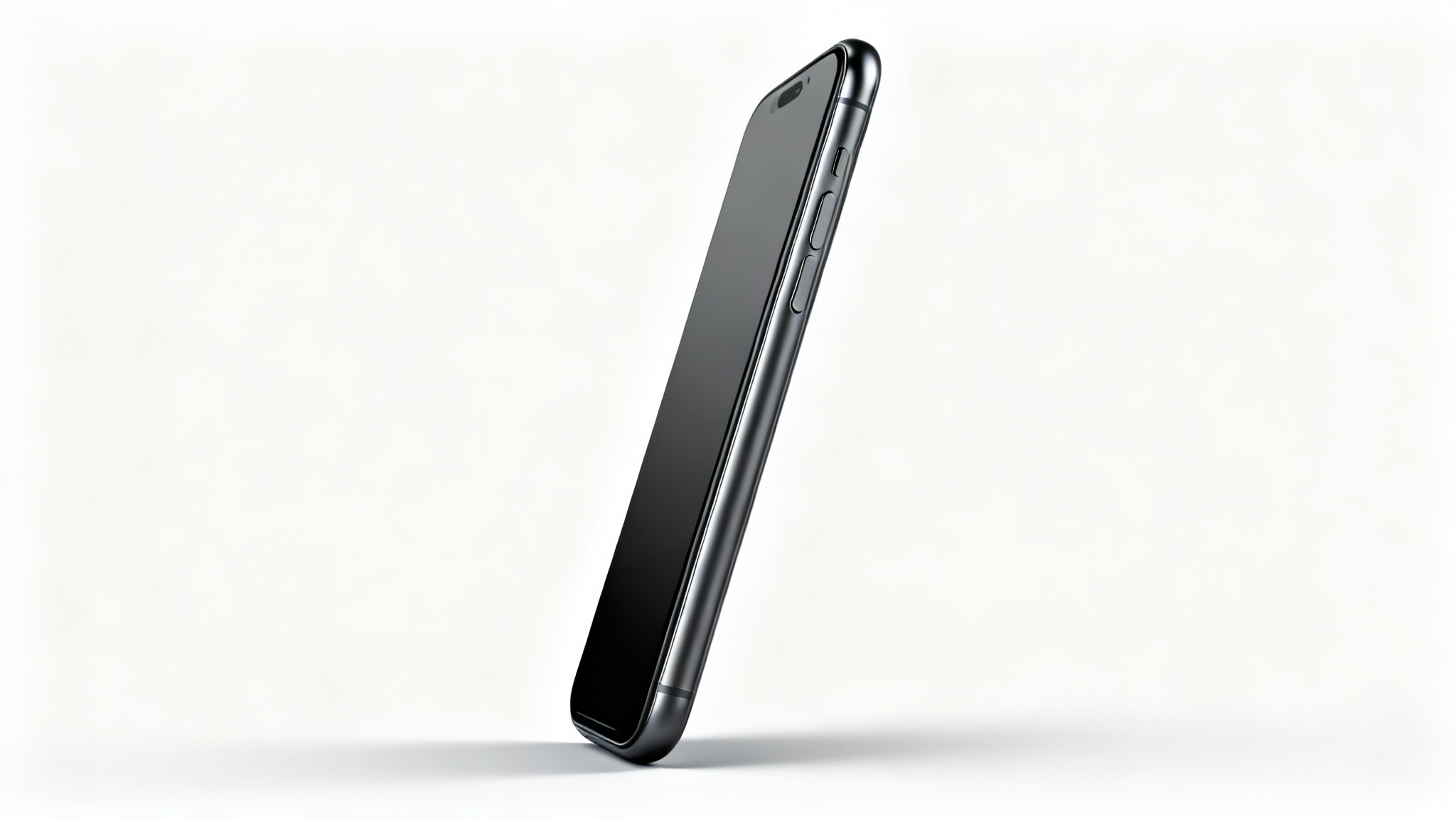 A sleek, dark grey modern smartphone standing upright in a professional product shot against a clean white background, highlighting its design and finish.