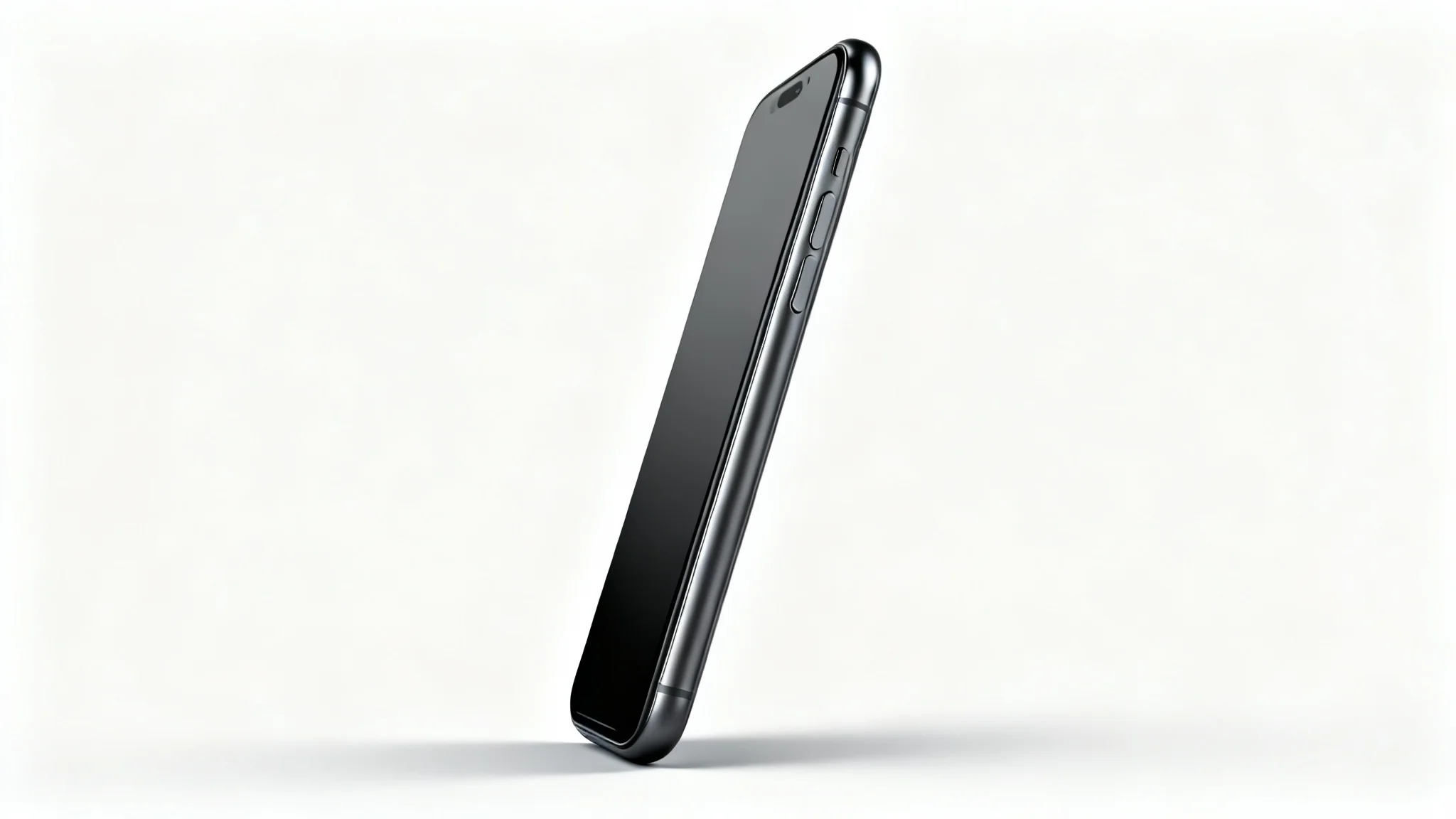 A sleek, dark grey modern smartphone standing upright in a professional product shot against a clean white background, highlighting its design and finish.