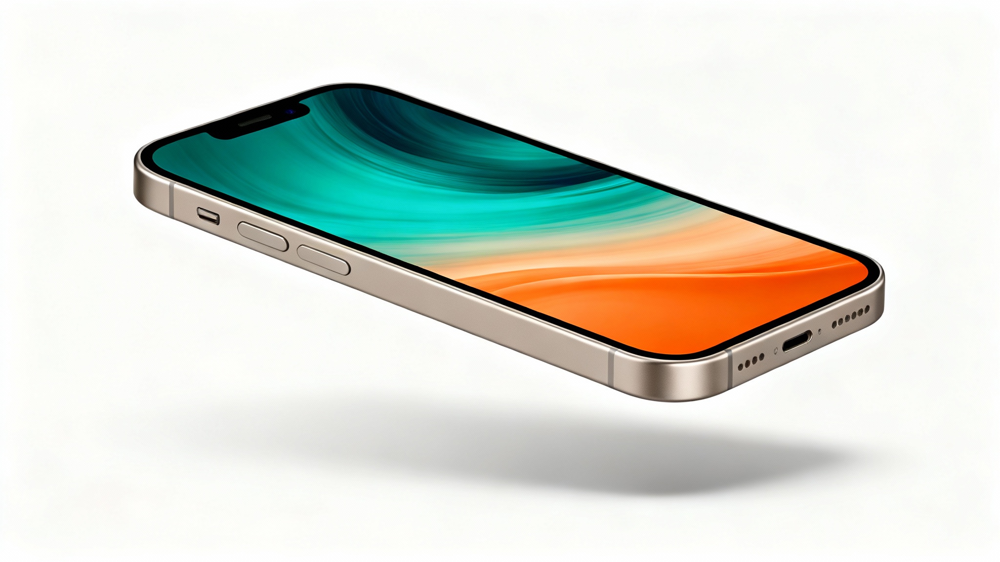 A professional product photograph of a modern iPhone with a titanium finish, shown from a three-quarter angle and floating against a solid white background, its screen displaying a colorful abstract wallpaper.