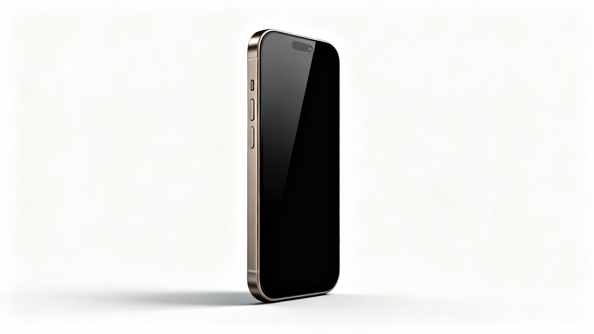 A professional product shot of a new smartphone with a titanium finish, standing upright at an angle against a clean white background, highlighting its modern and sleek design.