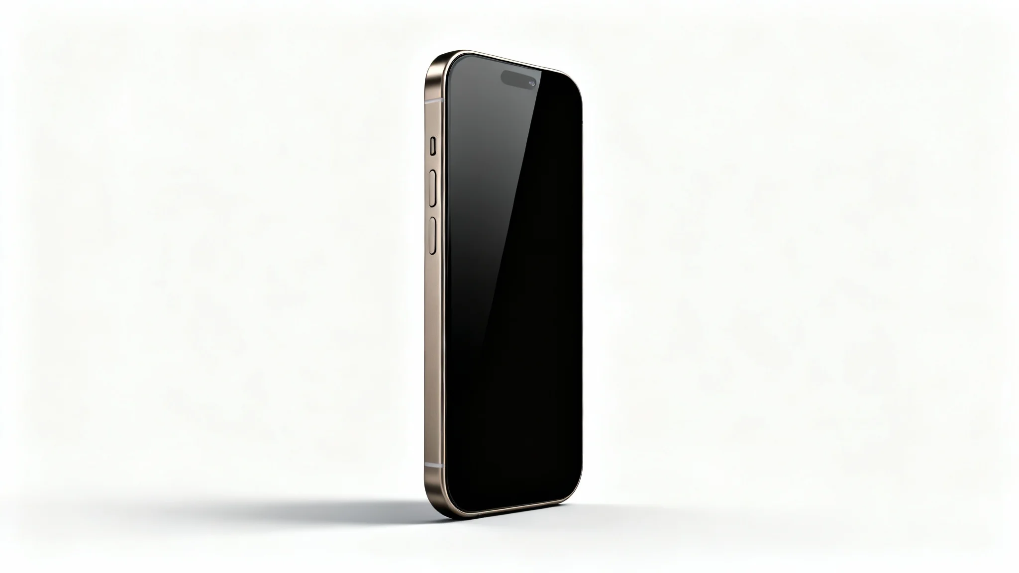 A professional product shot of a new smartphone with a titanium finish, standing upright at an angle against a clean white background, highlighting its modern and sleek design.