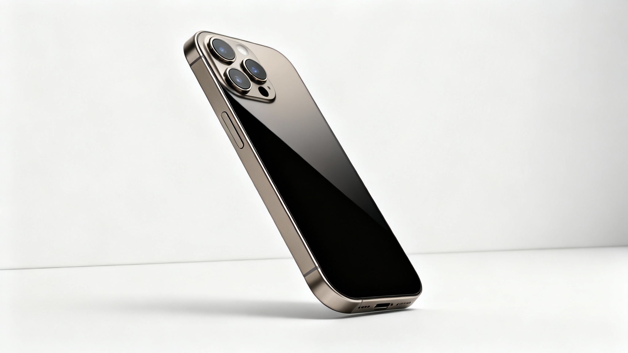 A professional product photograph of a modern smartphone with a titanium finish, angled to show its side and camera array against a stark white background.