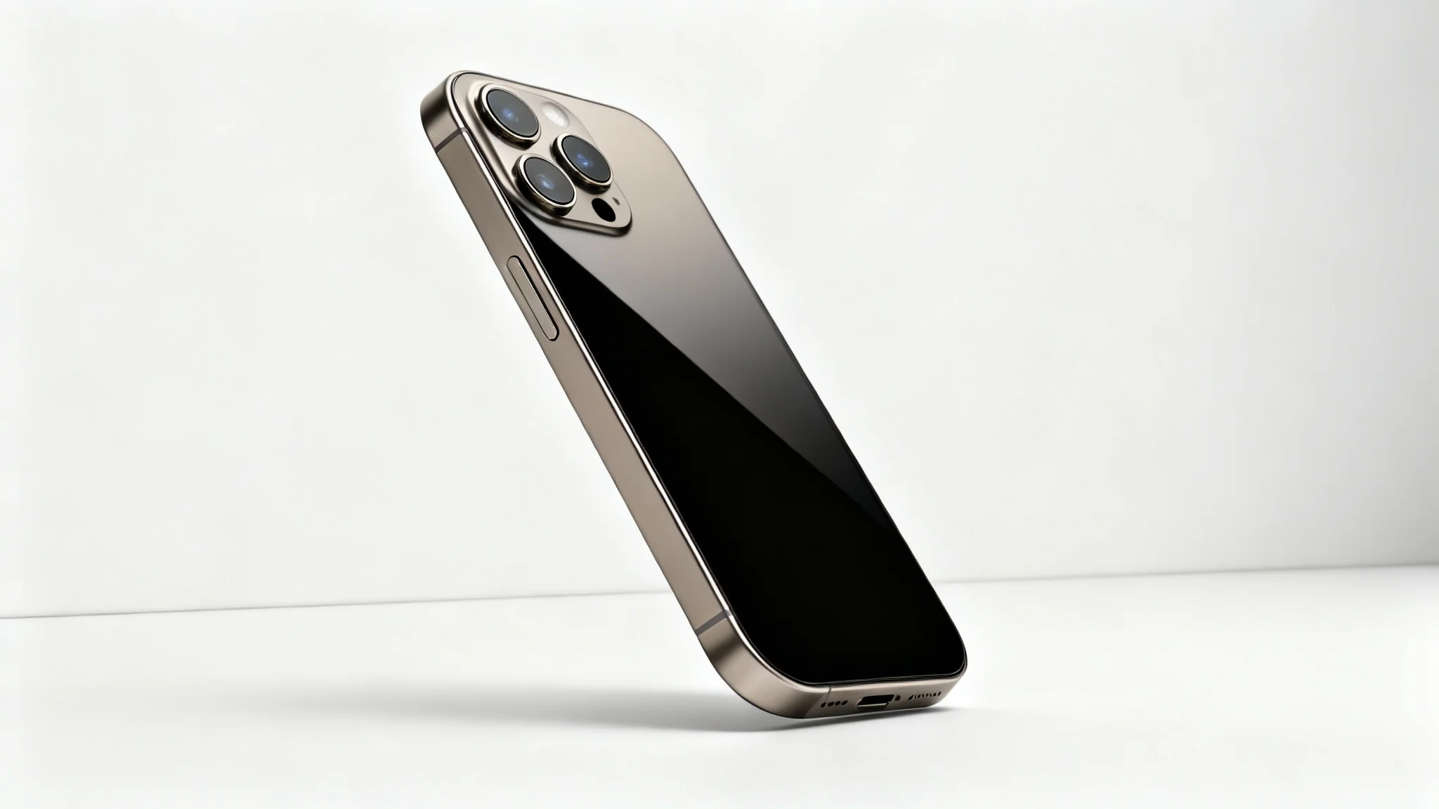 A professional product photograph of a modern smartphone with a titanium finish, angled to show its side and camera array against a stark white background.