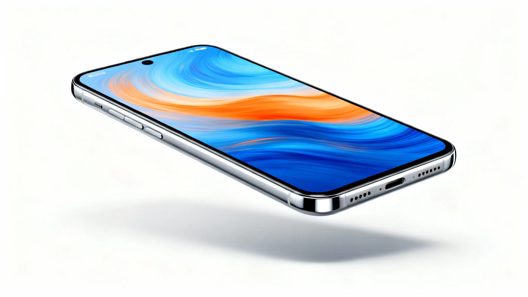 A professional product shot of a modern smartphone, angled to show its side and screen against a clean white background. The screen displays a colorful abstract image.