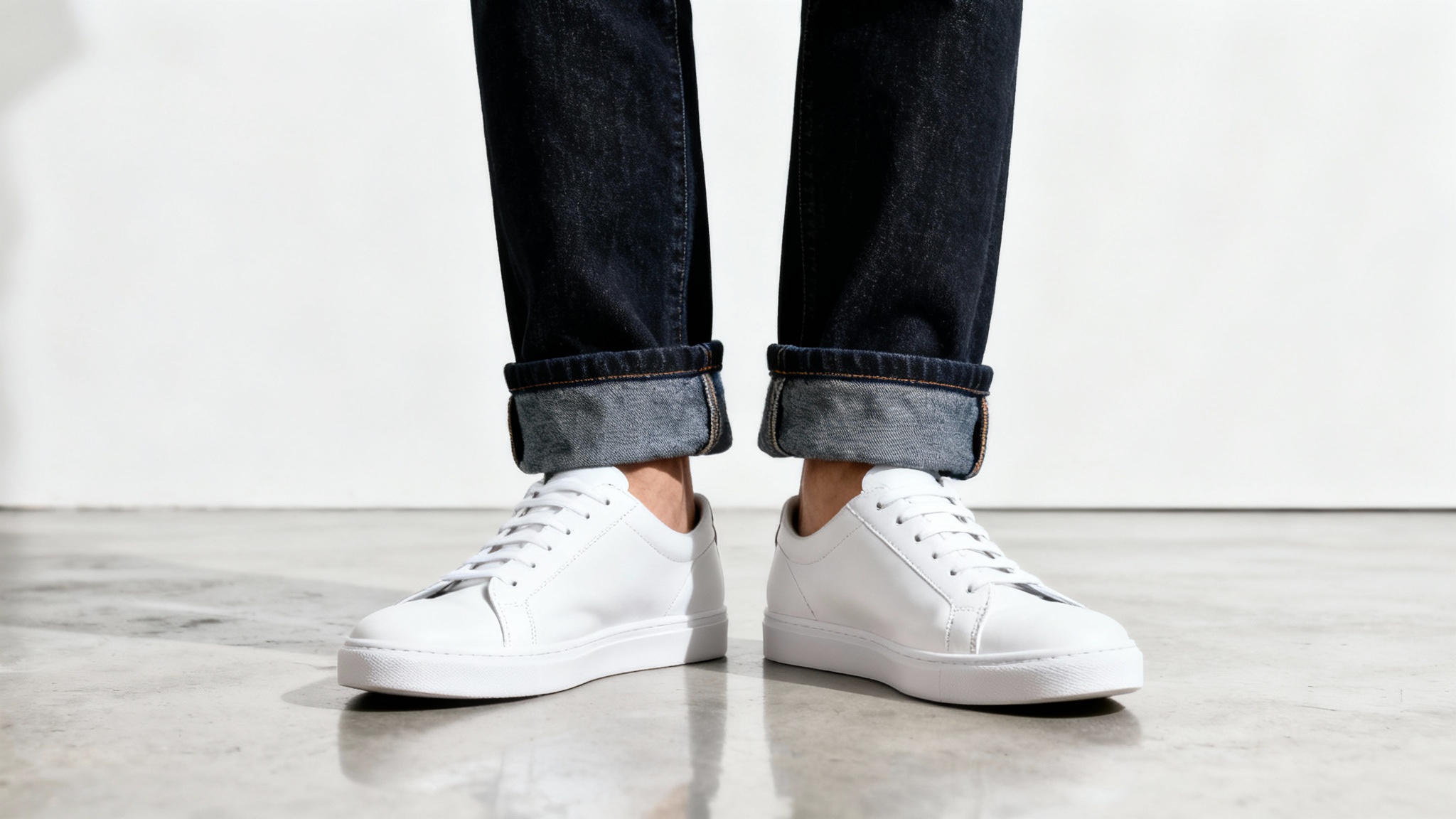 A close-up, eye-level shot of a person's legs wearing dark wash jeans that have been perfectly cuffed above their white sneakers, representing the final result of a photo editing tool.