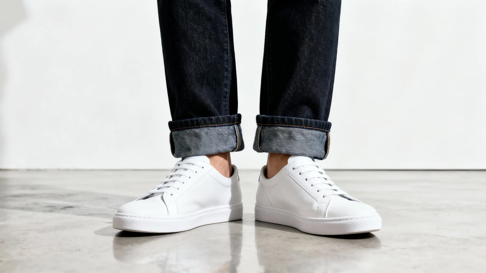 A close-up, eye-level shot of a person's legs wearing dark wash jeans that have been perfectly cuffed above their white sneakers, representing the final result of a photo editing tool.