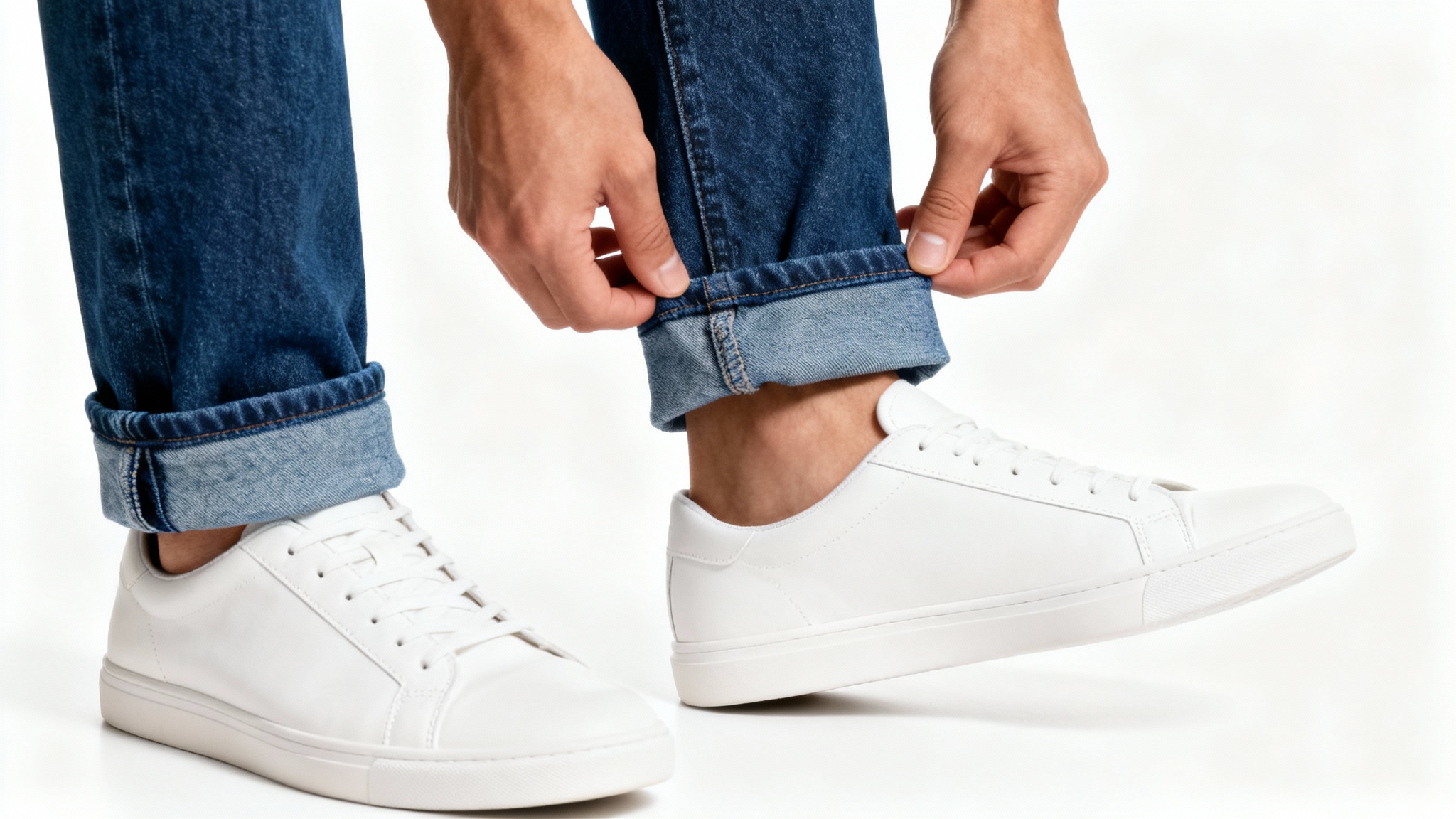 A close-up fashion shot of a person cuffing their blue jeans above a pair of white sneakers, against a clean white background.