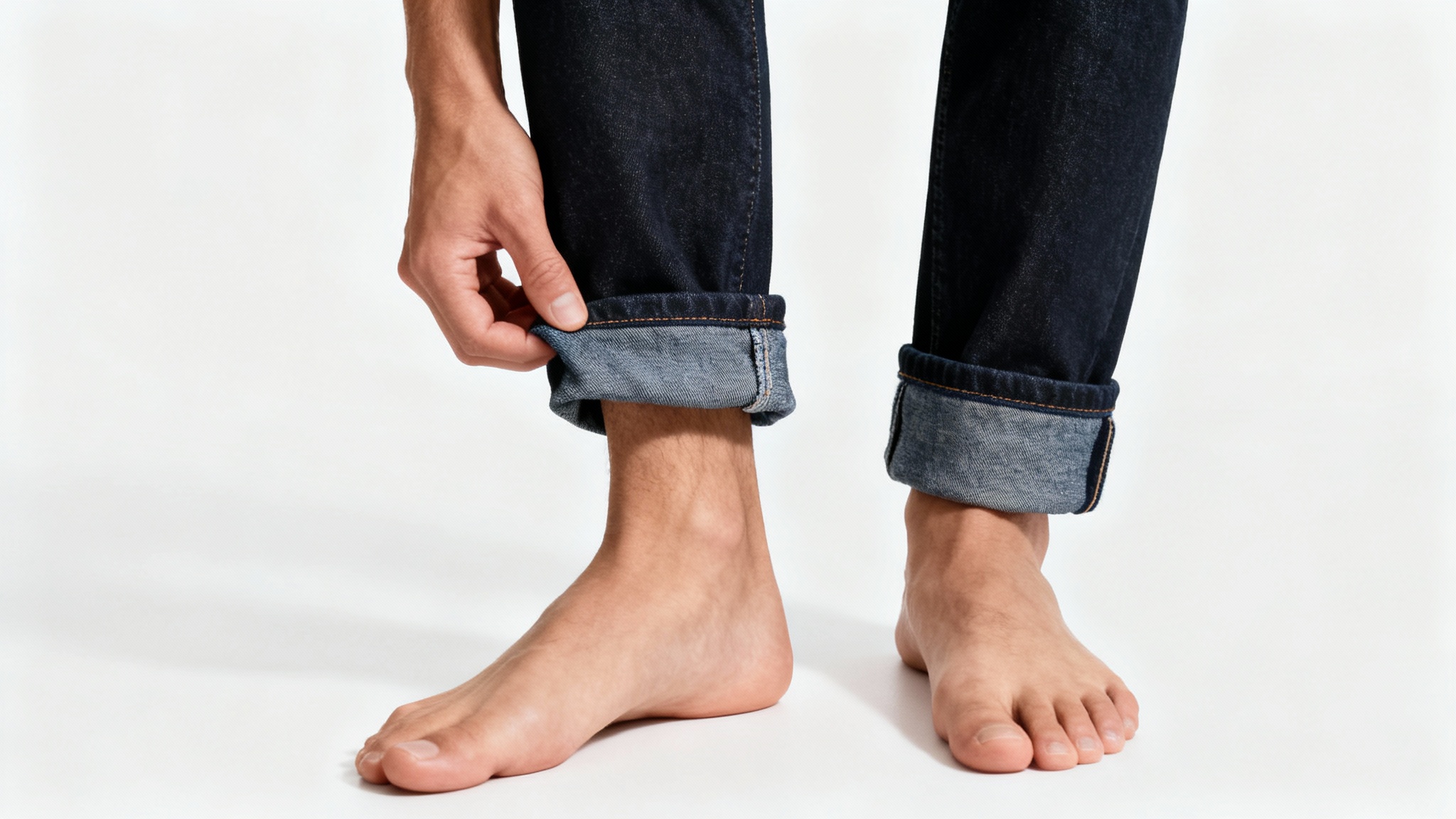A close-up, photorealistic image of a person's hands cuffing a pair of dark-wash denim jeans against a plain white background.