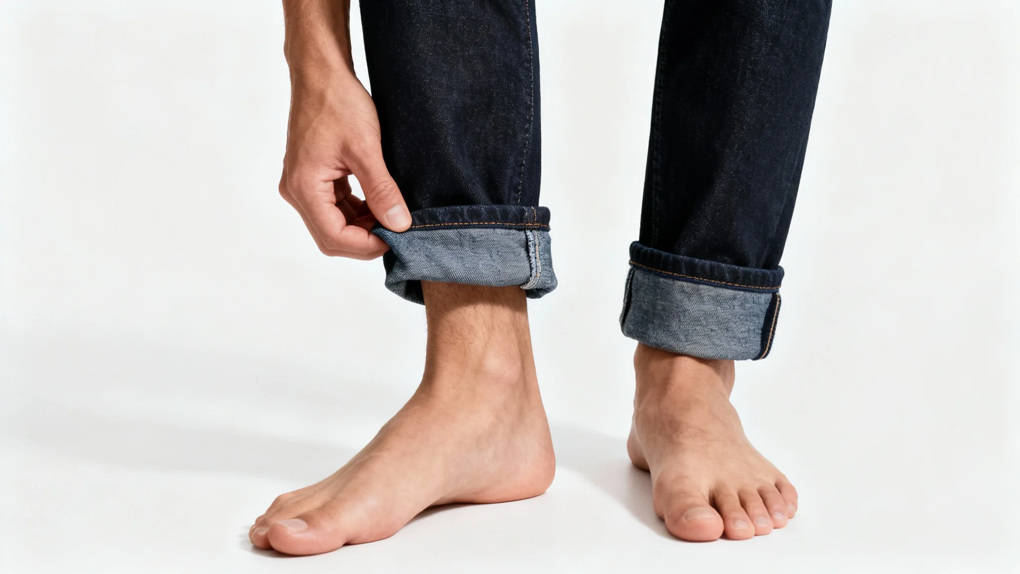 A close-up, photorealistic image of a person's hands cuffing a pair of dark-wash denim jeans against a plain white background.