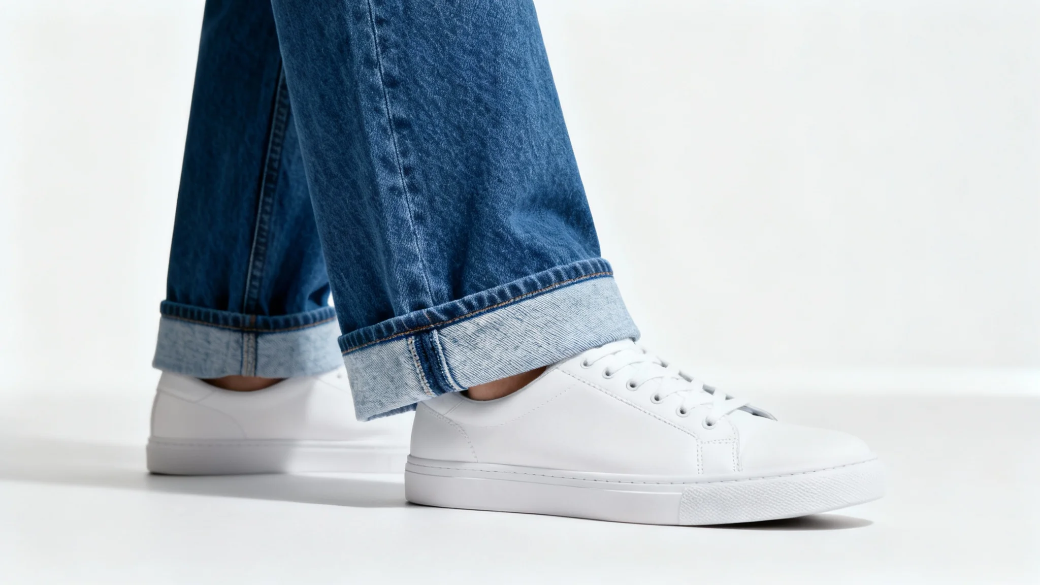 A close-up photo showing the bottom of a pair of cuffed blue jeans and white sneakers against a clean white background, highlighting the fashion detail of the cuff.