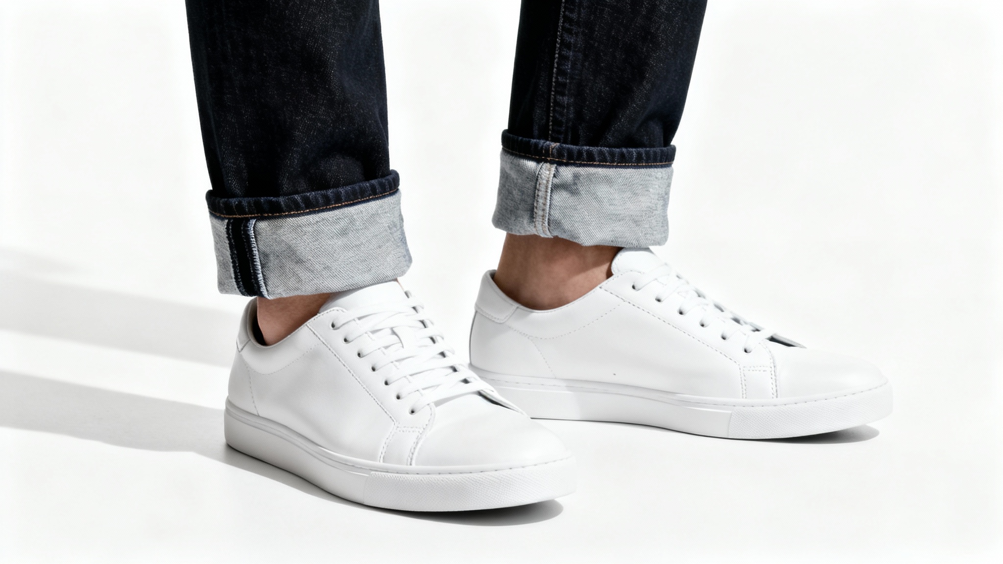 A close-up fashion shot of neatly cuffed dark denim jeans paired with white sneakers, set against a clean white background.