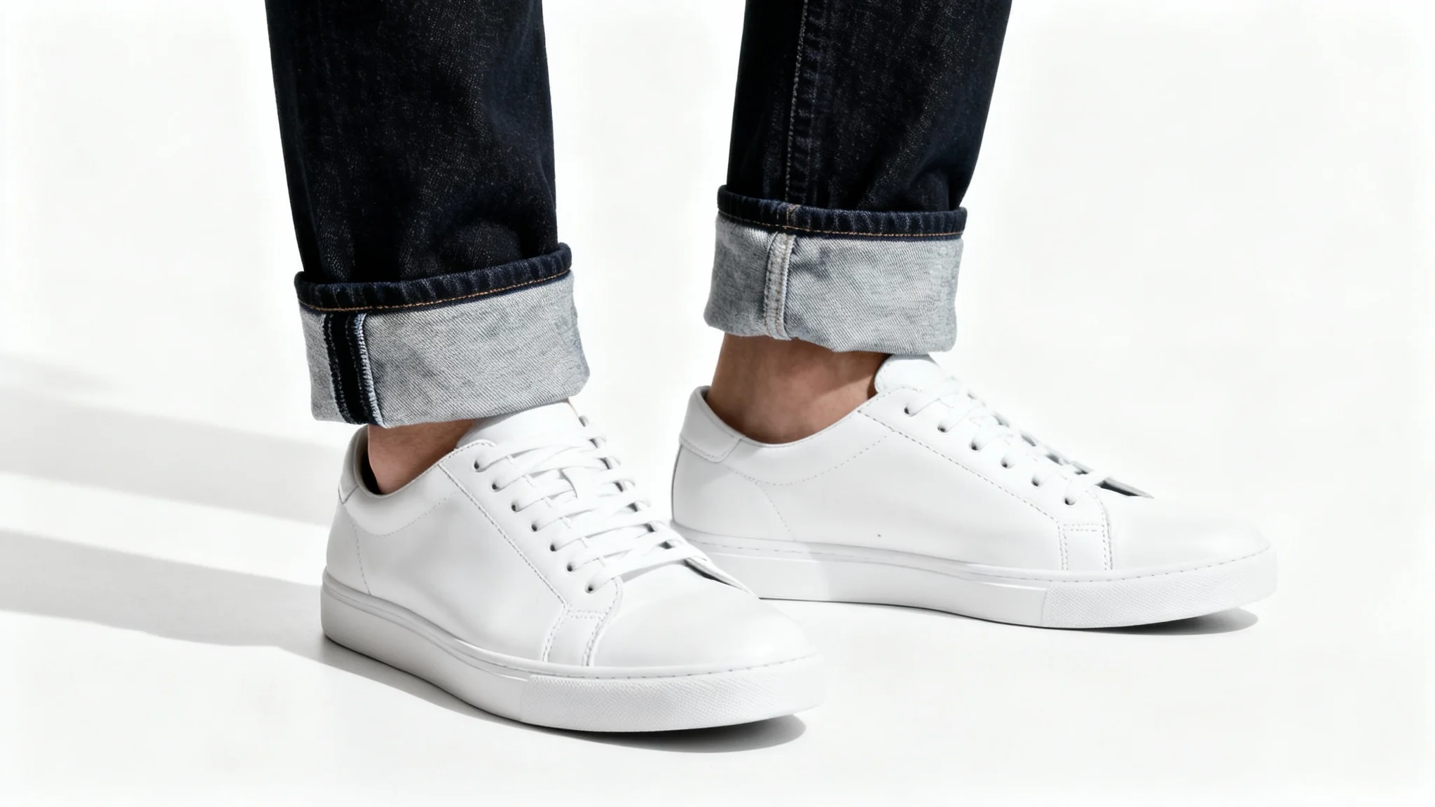 A close-up fashion shot of neatly cuffed dark denim jeans paired with white sneakers, set against a clean white background.
