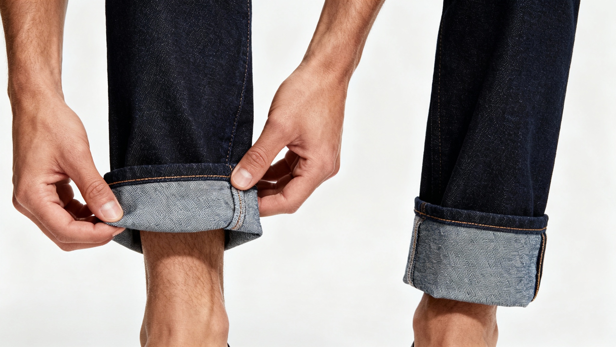 A close-up, minimalist photo showing a person's hands neatly folding the hem of their dark blue jeans to create a cuff, set against a plain white background.