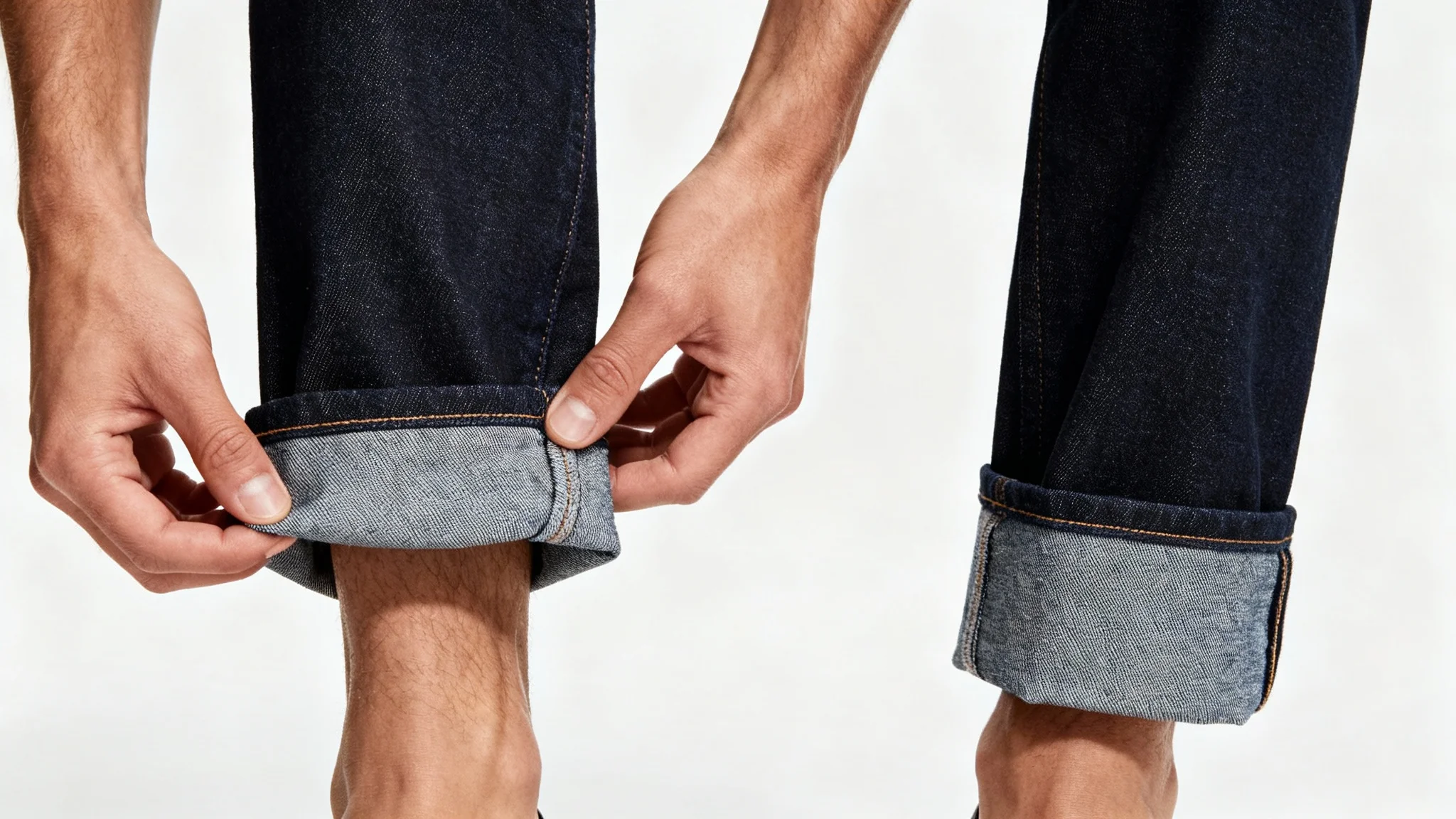 A close-up, minimalist photo showing a person's hands neatly folding the hem of their dark blue jeans to create a cuff, set against a plain white background.