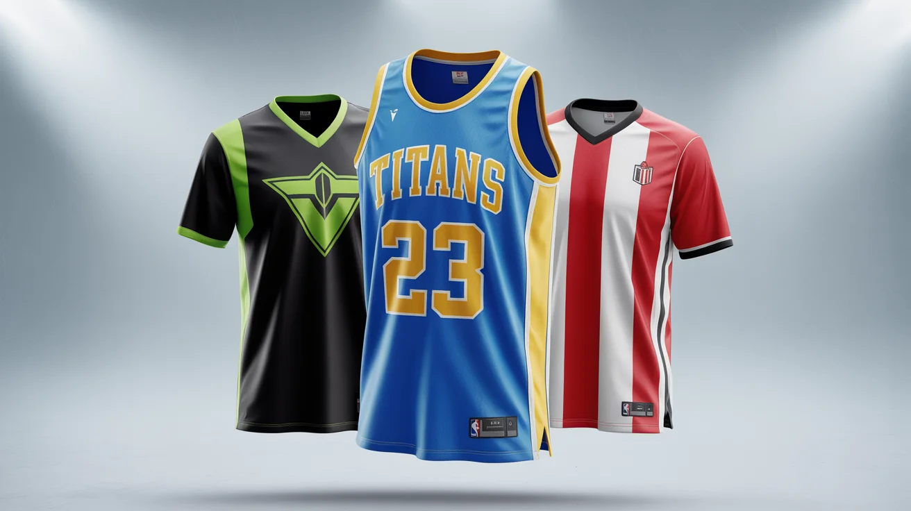 A hero image displaying three professionally designed custom sports jerseys for basketball, esports, and soccer, showcasing the polished final output of a jersey mockup generator.