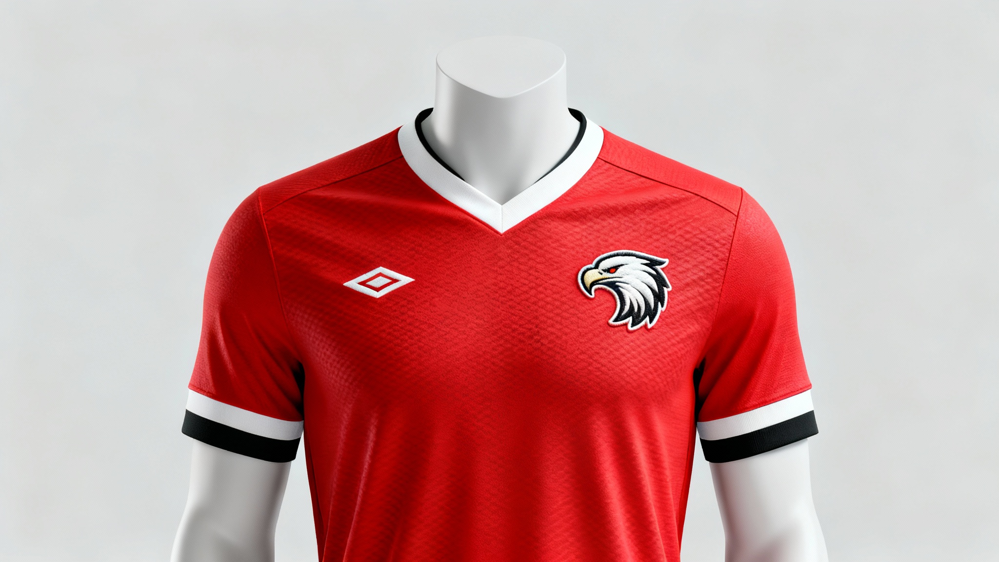 A professional mockup of a custom crimson red football jersey with white and black accents, featuring a stylized eagle crest, displayed on a plain light-grey background.