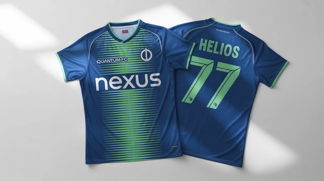 A photorealistic mockup of a royal blue custom sports jersey with green and silver accents, laid flat on a white background. It features the fictional team name 'Helios' and number '77' on the back.