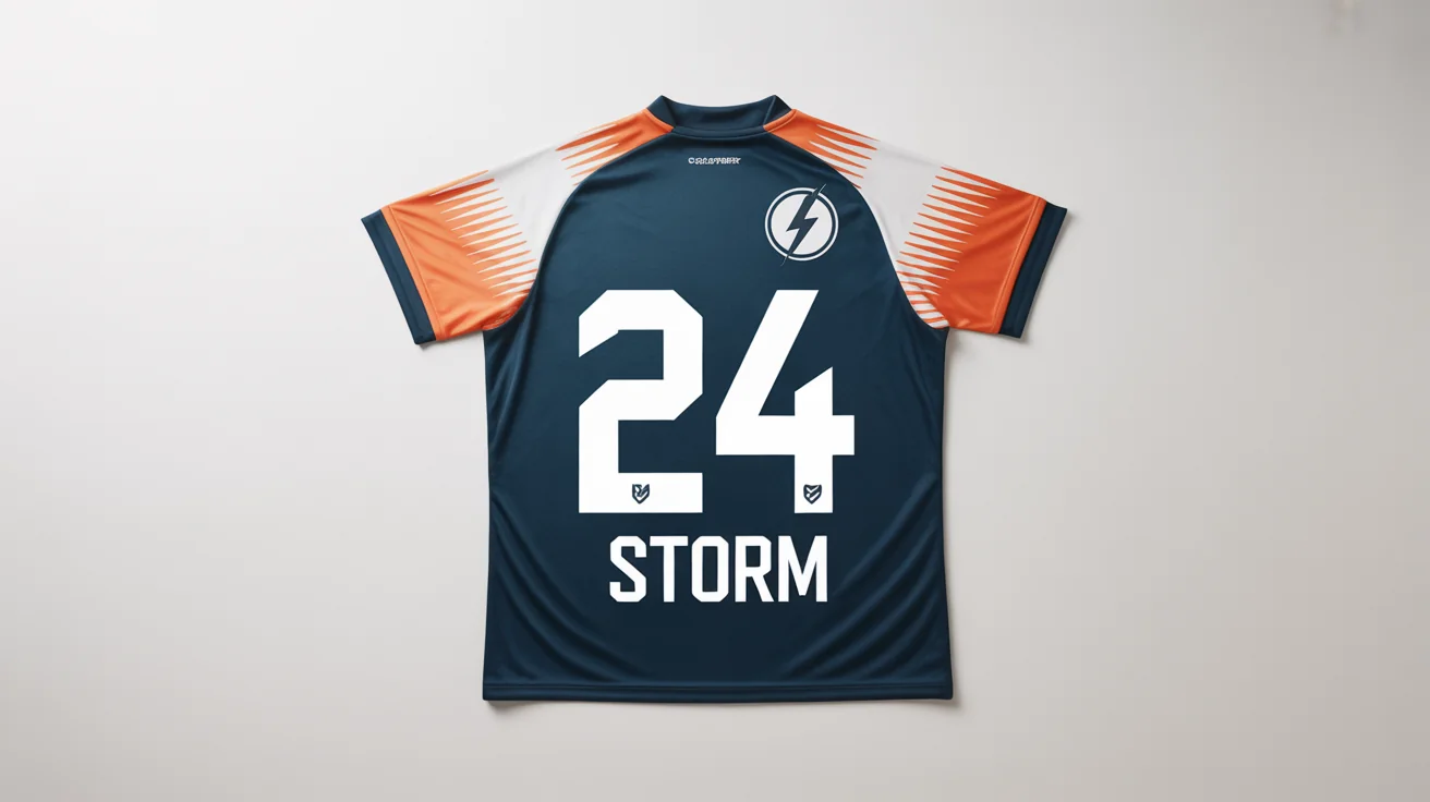 A professional mockup of a navy blue sports jersey with orange and white details laid flat on a white background. The back displays the name 'STORM' and the number '24'.