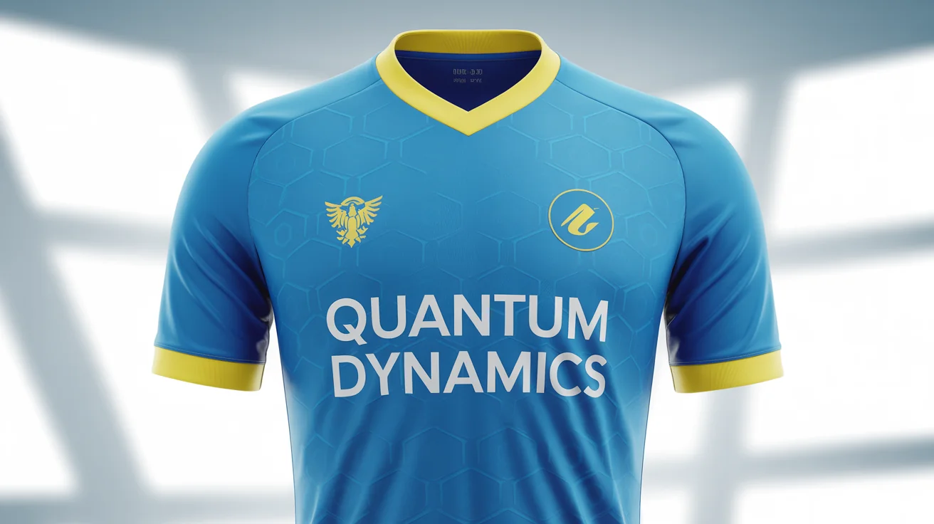 A professional mockup of a blue and yellow soccer jersey with a fictional team crest and sponsor logo, shown from the front against a plain white background.
