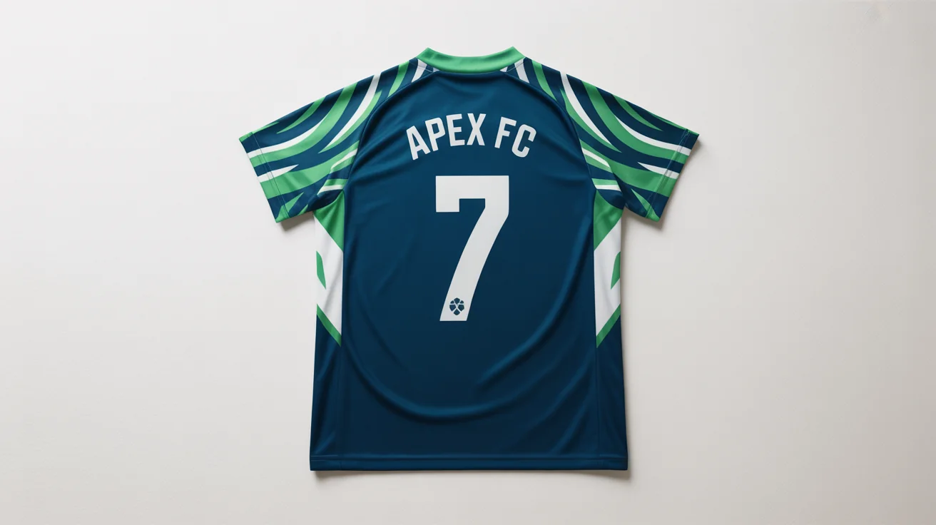 A professionally photographed mockup of a custom soccer jersey for team 'Apex FC' with the number 7, laid flat against a clean white background.