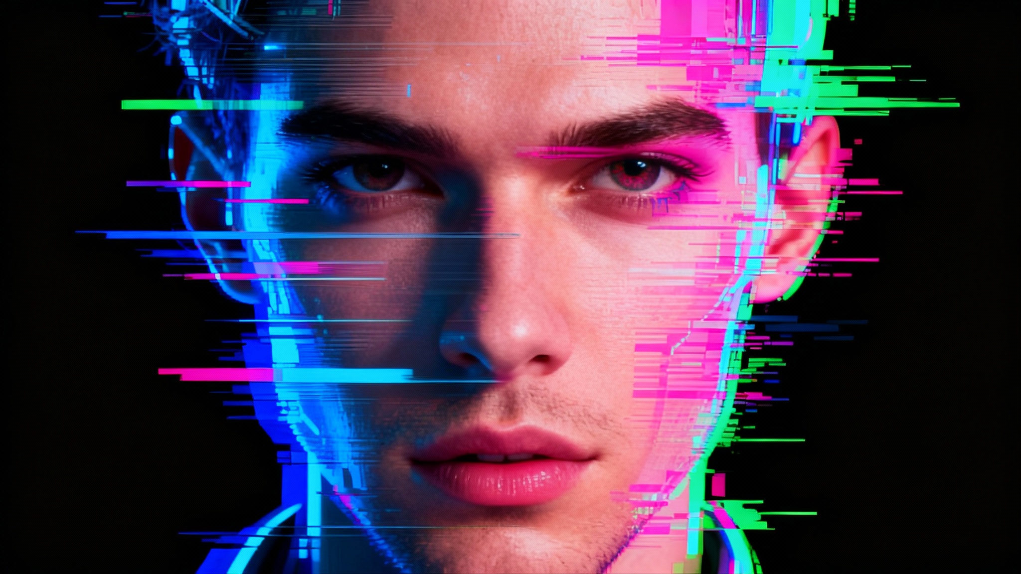 A close-up portrait of a person heavily distorted by a digital glitch effect, featuring vibrant color splitting in red, green, and blue, pixelated artifacts, and horizontal scan lines for a cyberpunk feel.