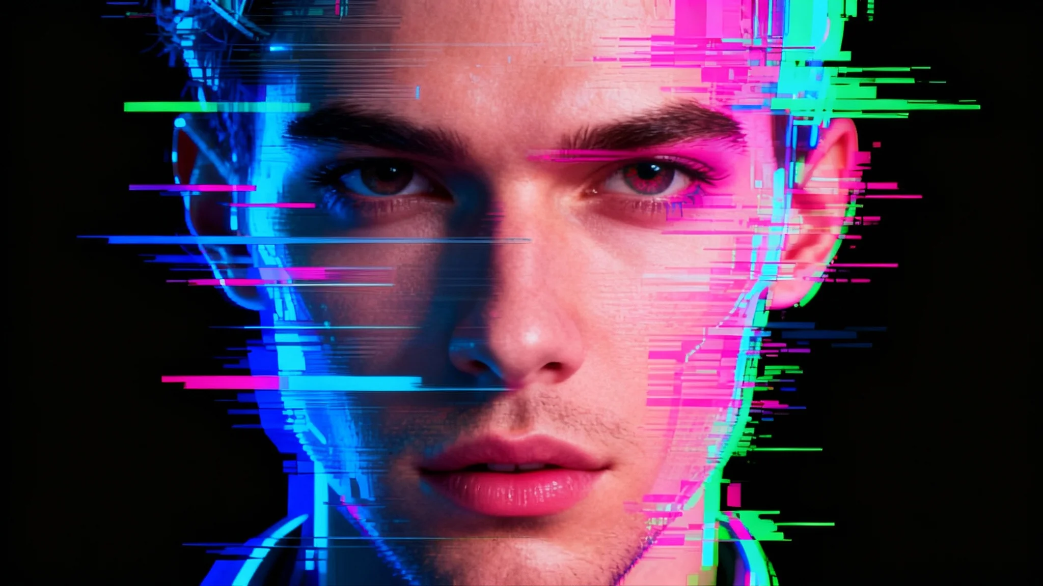 A close-up portrait of a person heavily distorted by a digital glitch effect, featuring vibrant color splitting in red, green, and blue, pixelated artifacts, and horizontal scan lines for a cyberpunk feel.