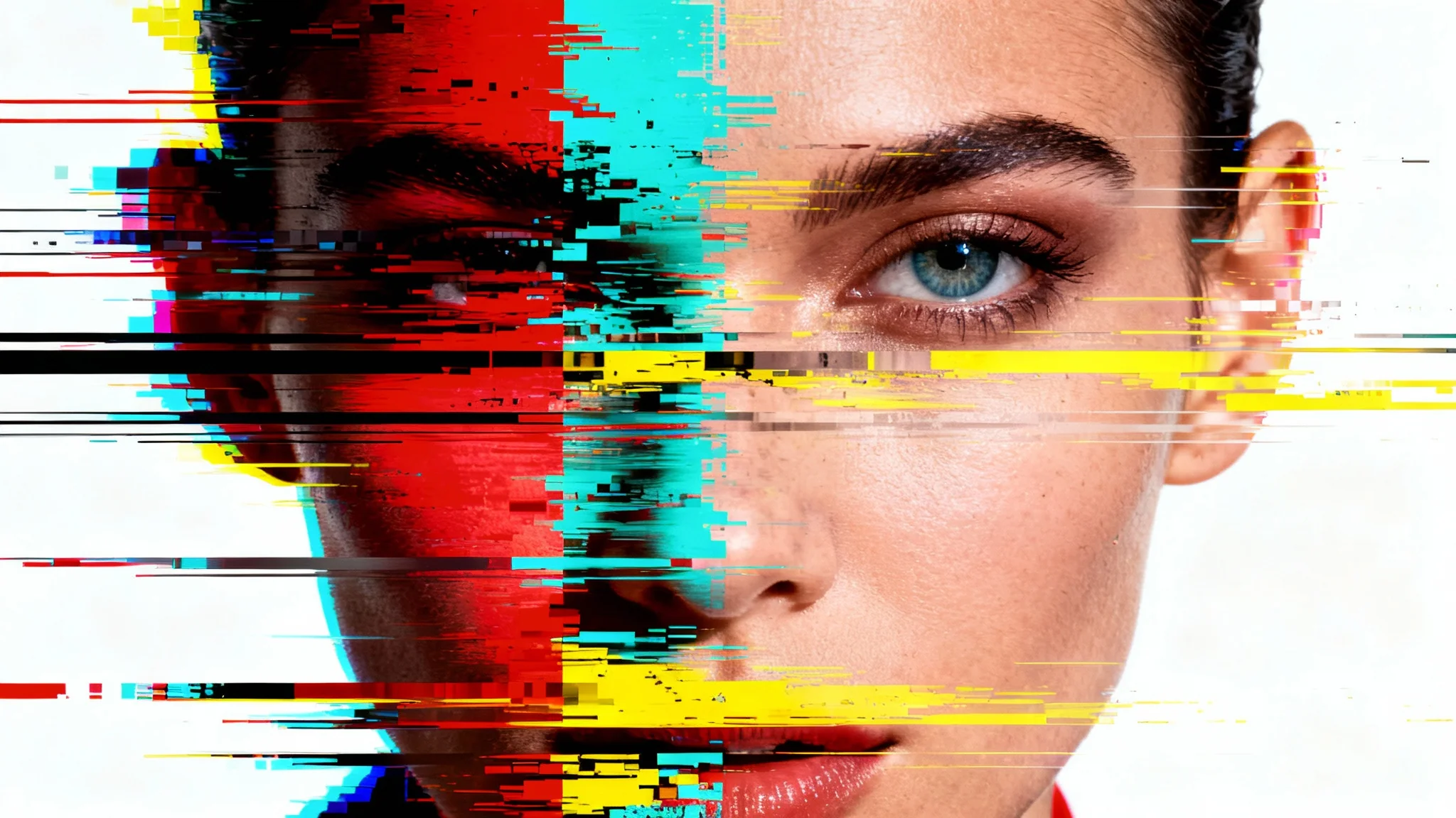 A close-up artistic portrait heavily distorted by a colorful digital glitch effect, featuring pixelation and color channel separation, set against a plain white background.