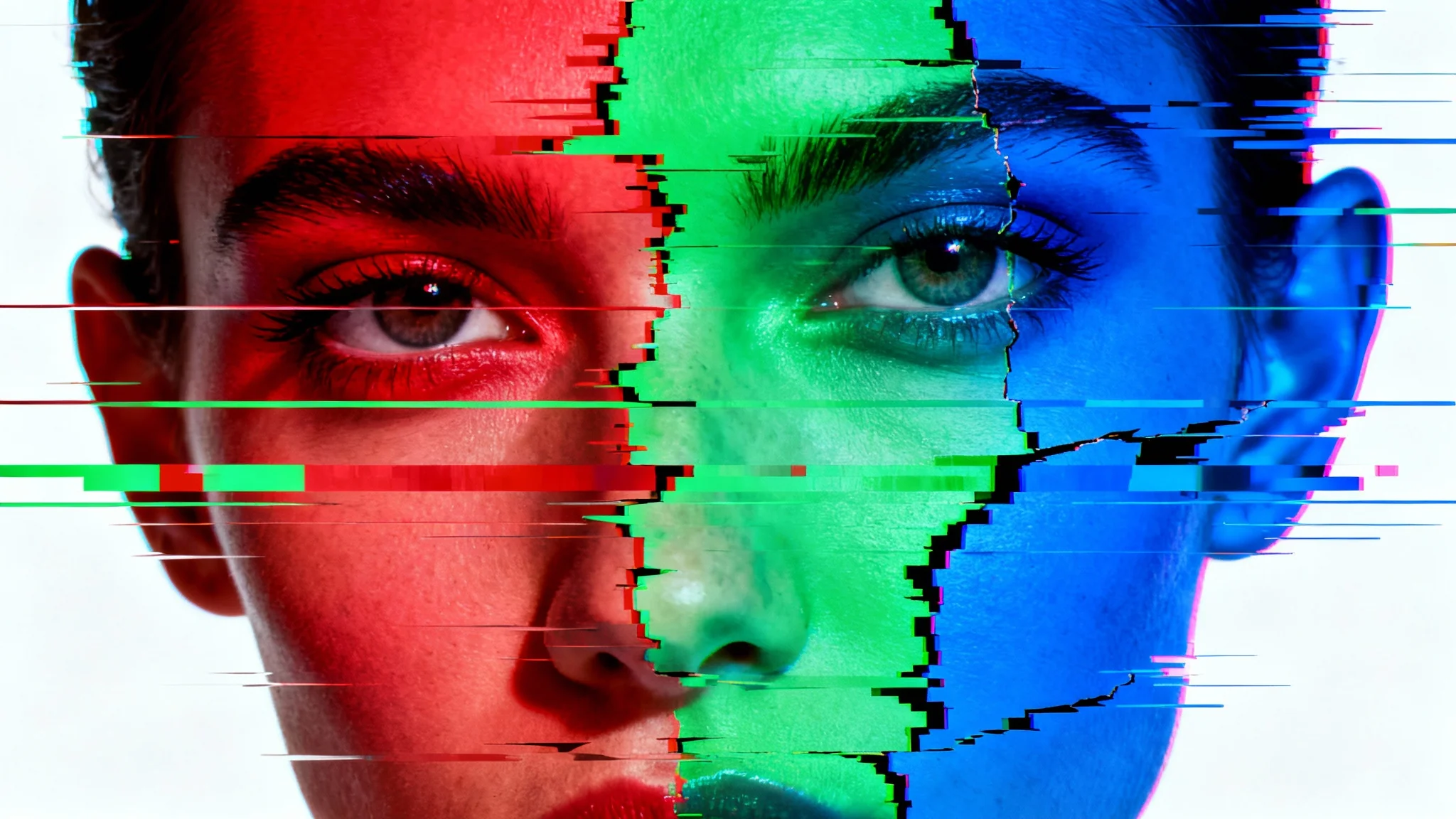 A close-up portrait of a person's face disrupted by a colorful digital glitch effect, featuring pixelation, scanlines, and color channel separation, all against a plain white background.