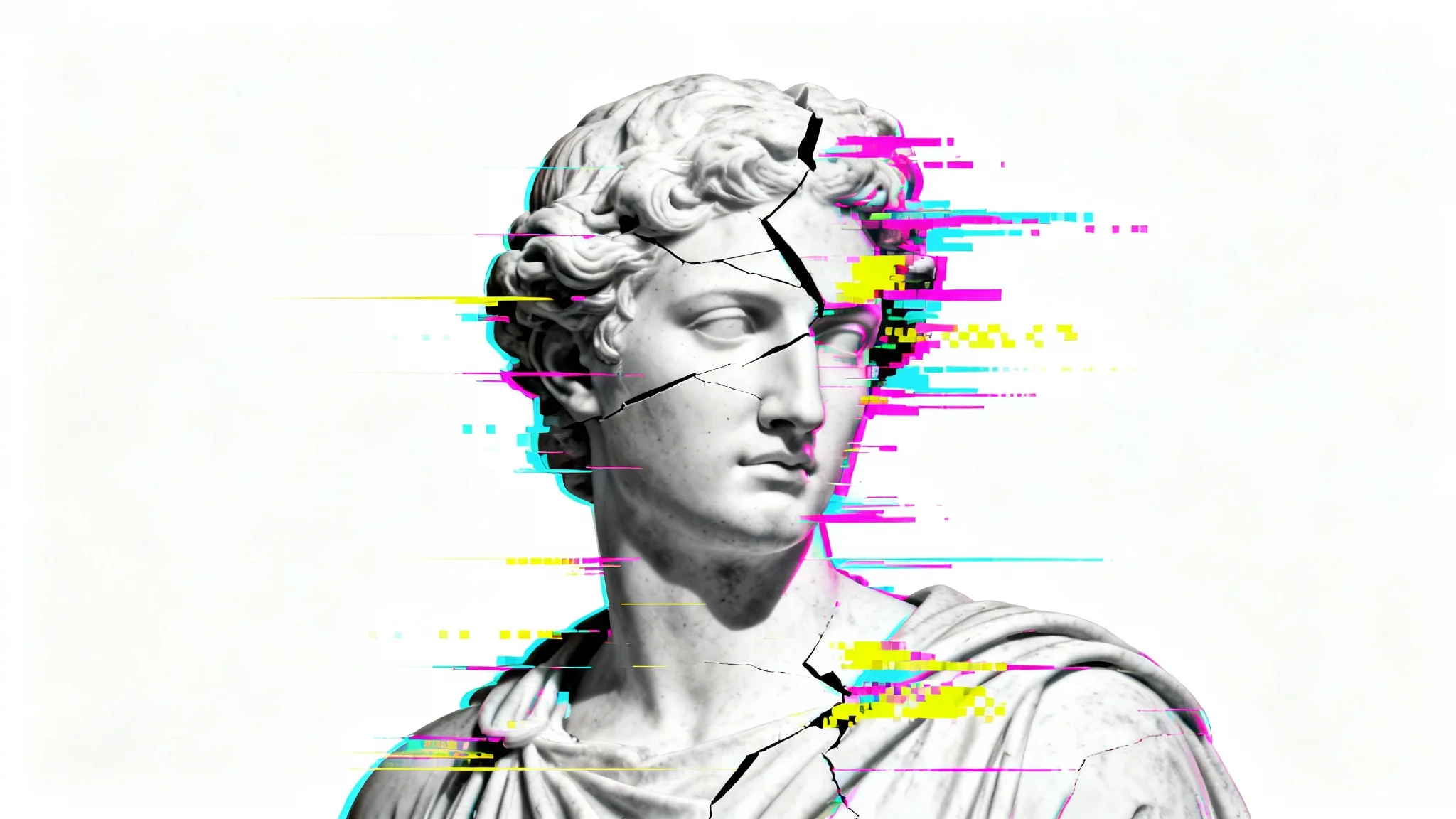 A classical white marble bust statue being distorted and broken apart by a colorful, vibrant digital glitch effect, all set against a plain white background.