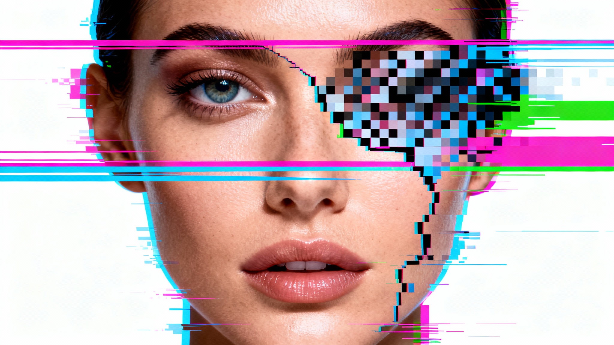A photorealistic portrait of a woman's face creatively distorted with a colorful digital glitch effect, featuring pixelation and RGB splits, set against a clean white background.