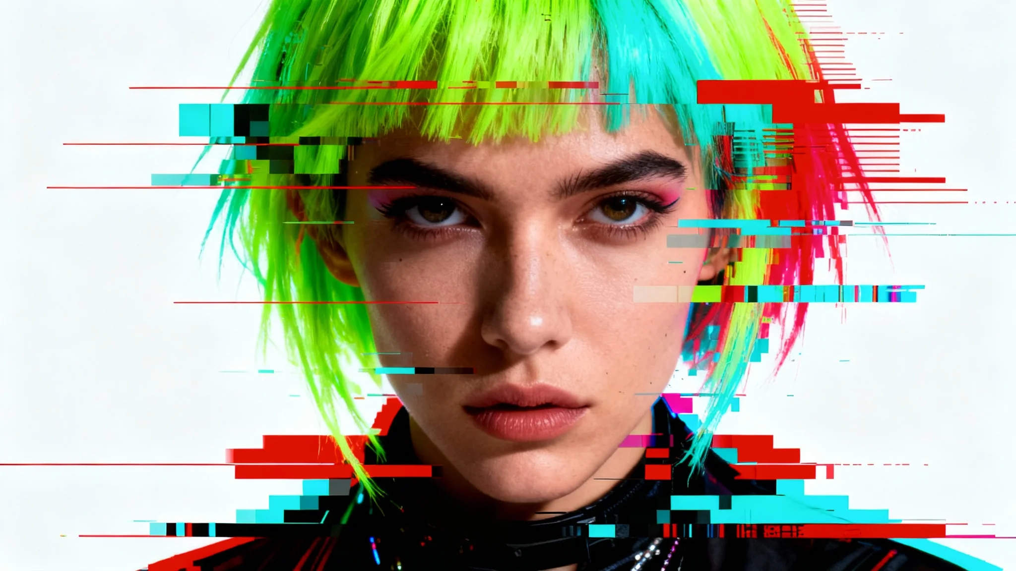 A close-up portrait of a person subjected to a heavy digital glitch effect, showing fragmented colors, scan lines, and pixel distortion against a clean white background.