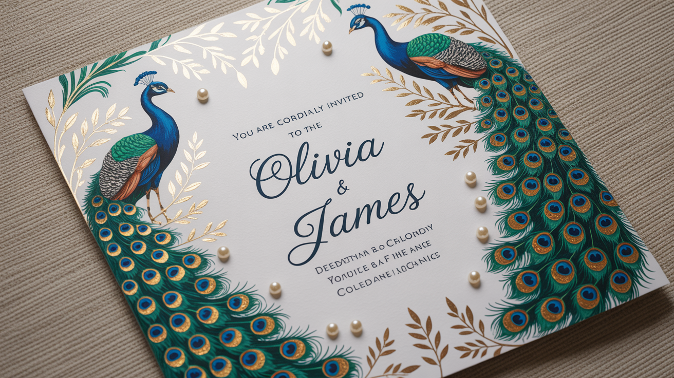 A close-up of a beautifully designed wedding invitation featuring an intricate peacock border in vibrant blues, greens, and gold foil. The invitation has elegant text in the center.