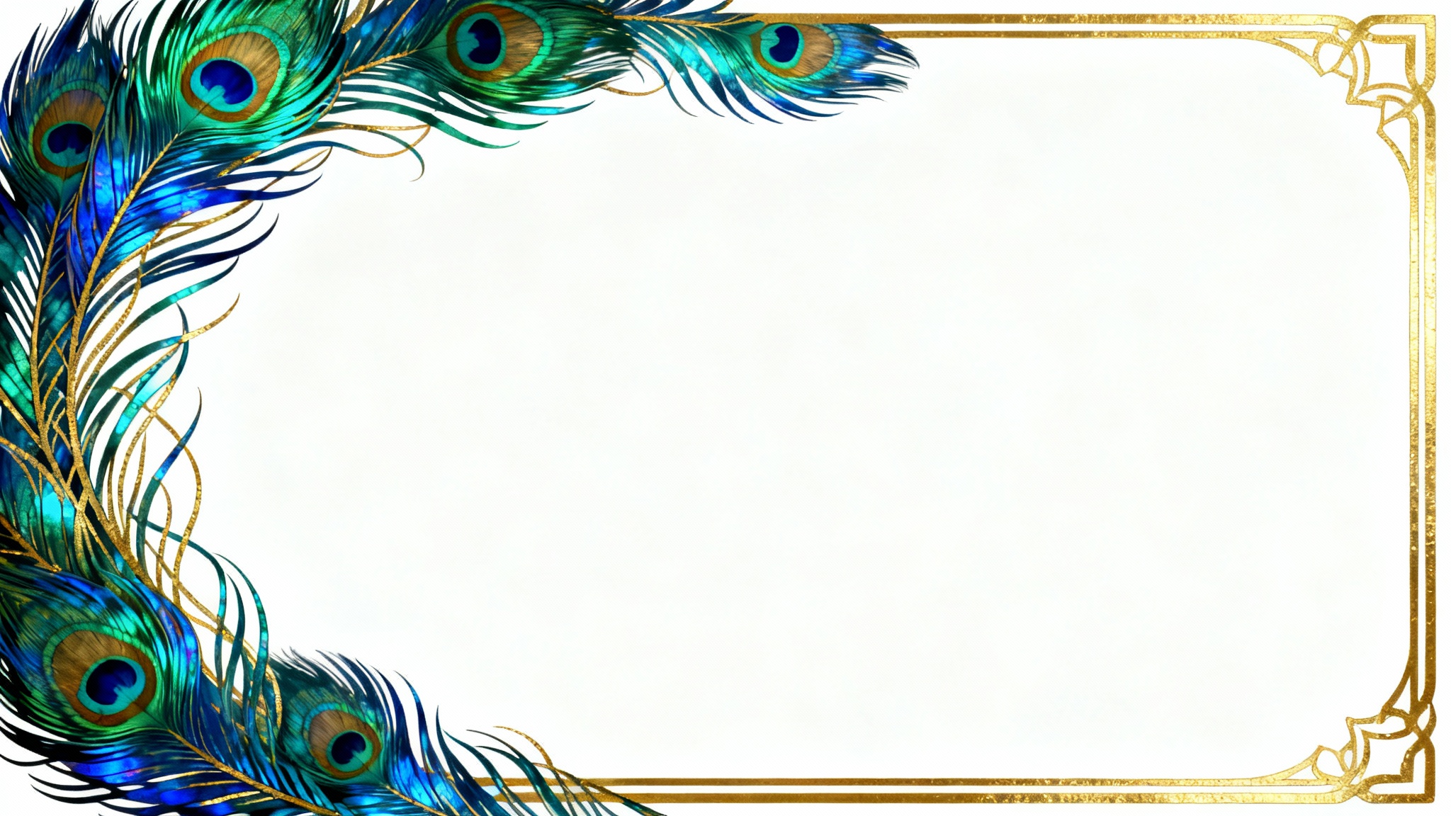 A decorative border featuring elegant peacock feathers in vibrant blues, greens, and gold accents, displayed on a clean white background.