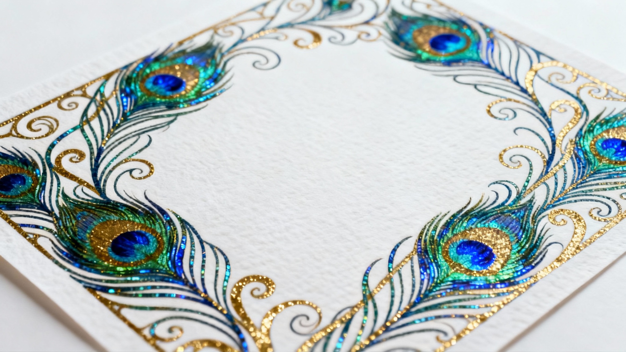 An elegant mockup of a decorative border composed of intricate peacock feather designs in iridescent shades of blue, green, and gold, set against a clean white background.