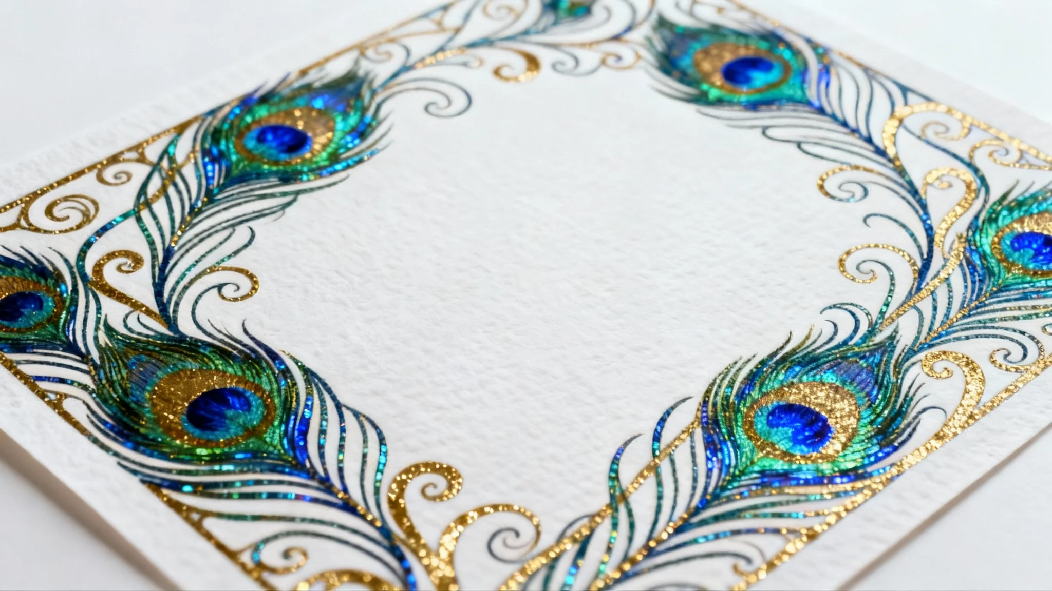 An elegant mockup of a decorative border composed of intricate peacock feather designs in iridescent shades of blue, green, and gold, set against a clean white background.