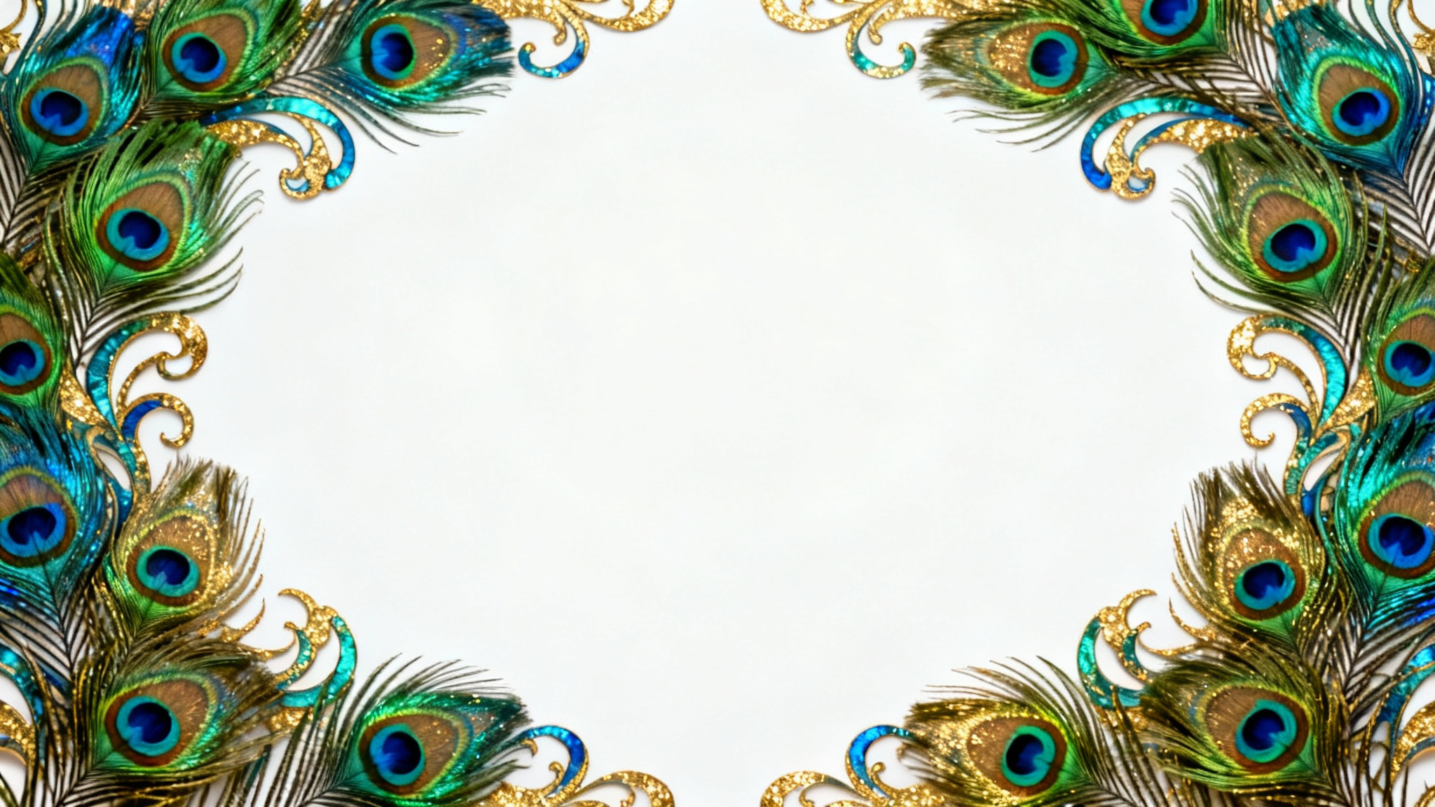 An elegant, art nouveau-style border made of vibrant, iridescent peacock feathers in shades of blue, green, and gold, set against a plain white background.