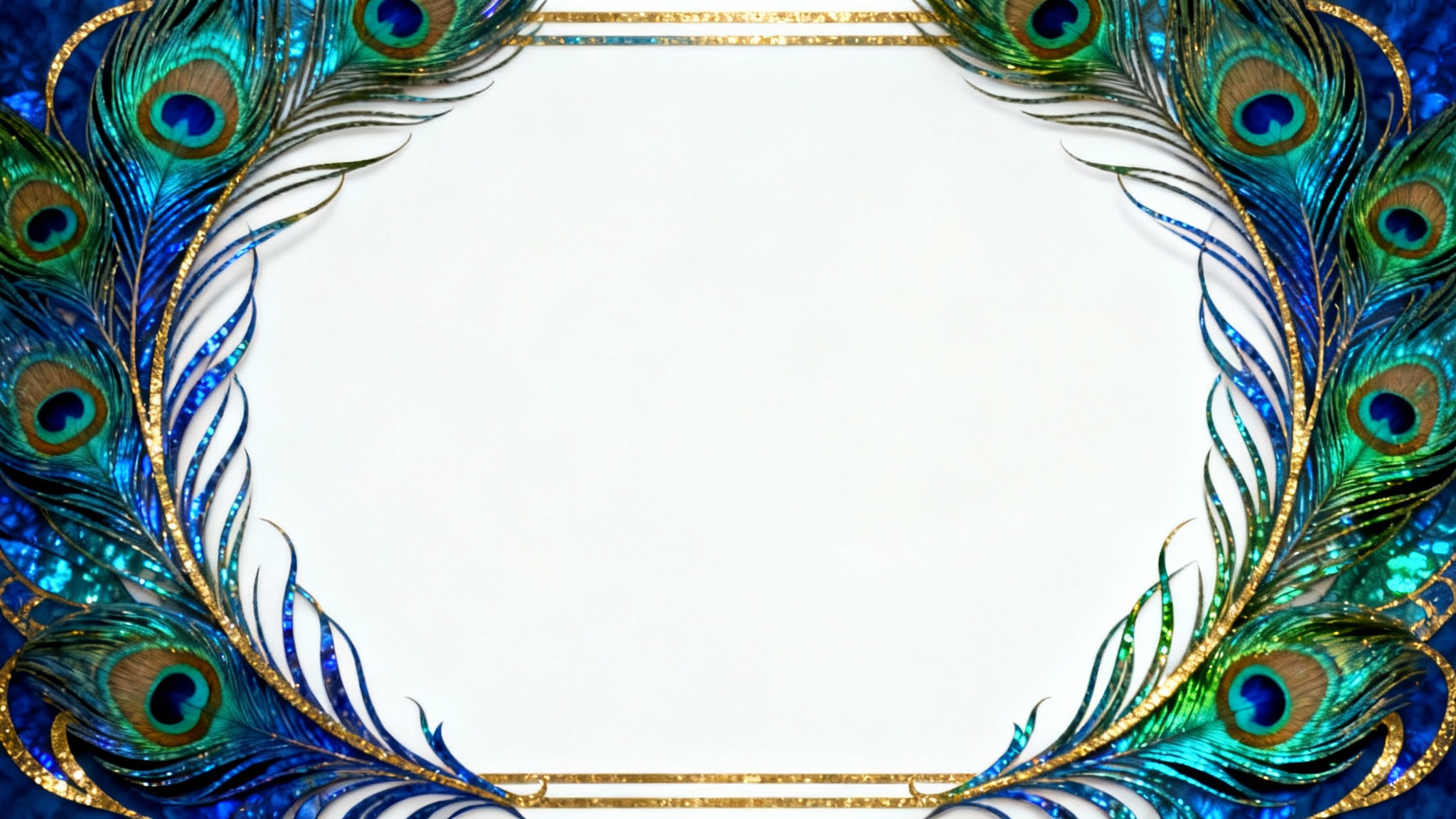 An elegant, decorative border in the Art Nouveau style, featuring iridescent blue, green, and gold peacock feathers against a clean white background.