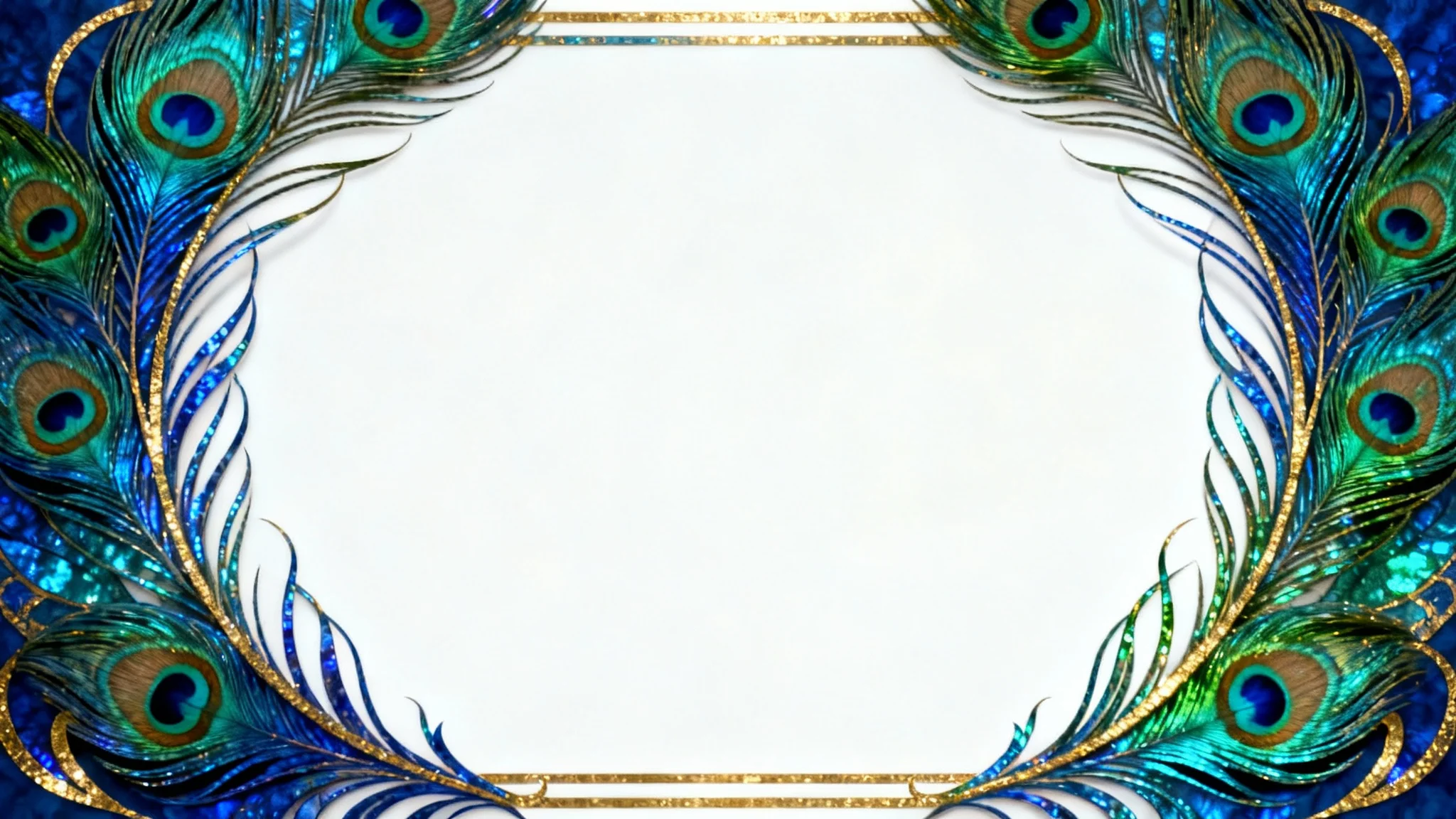 An elegant, decorative border in the Art Nouveau style, featuring iridescent blue, green, and gold peacock feathers against a clean white background.