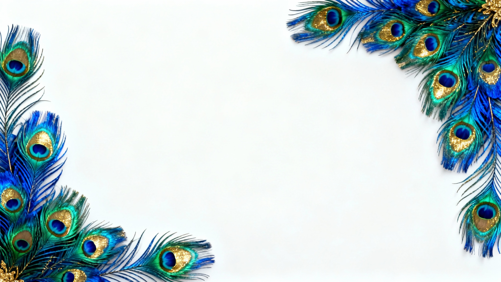 An elegant decorative border composed of vibrant, iridescent peacock feathers in shades of blue, green, and gold, displayed on a crisp white background.