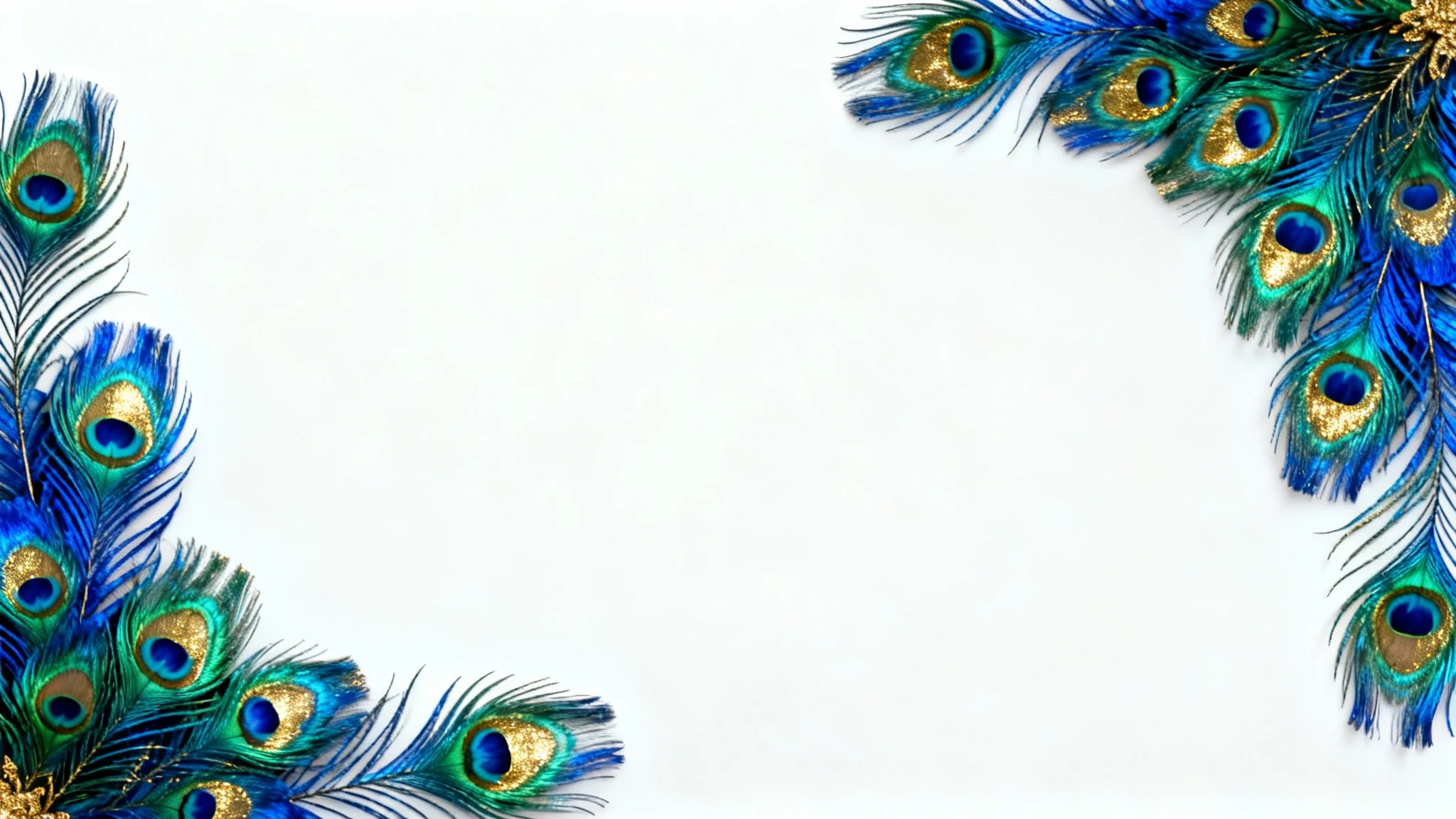 An elegant decorative border composed of vibrant, iridescent peacock feathers in shades of blue, green, and gold, displayed on a crisp white background.