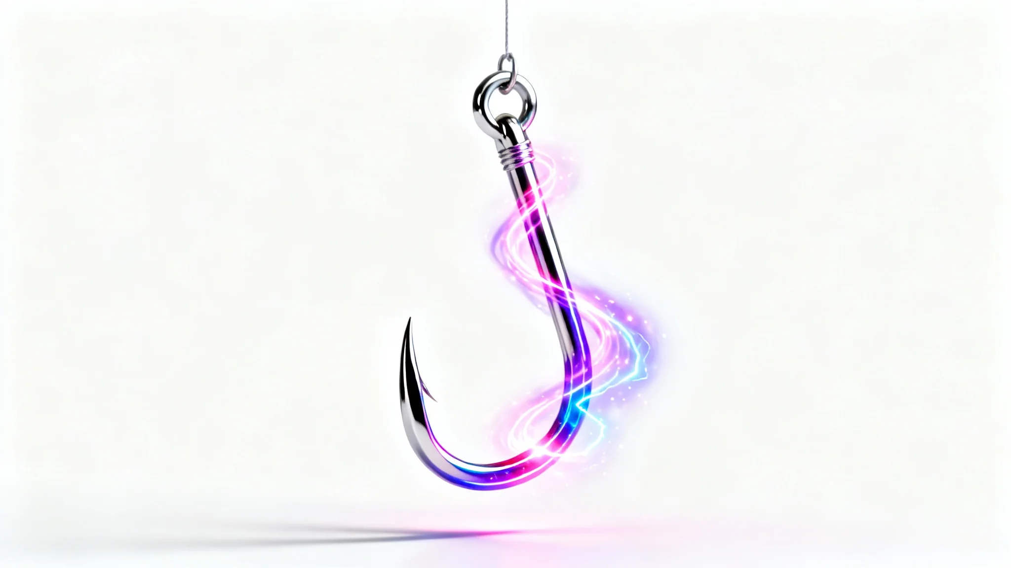 A hyper-realistic mockup of a large, shiny chrome fishing hook floating against a white background, catching a vibrant, flowing stream of colorful light, symbolizing a compelling video hook.