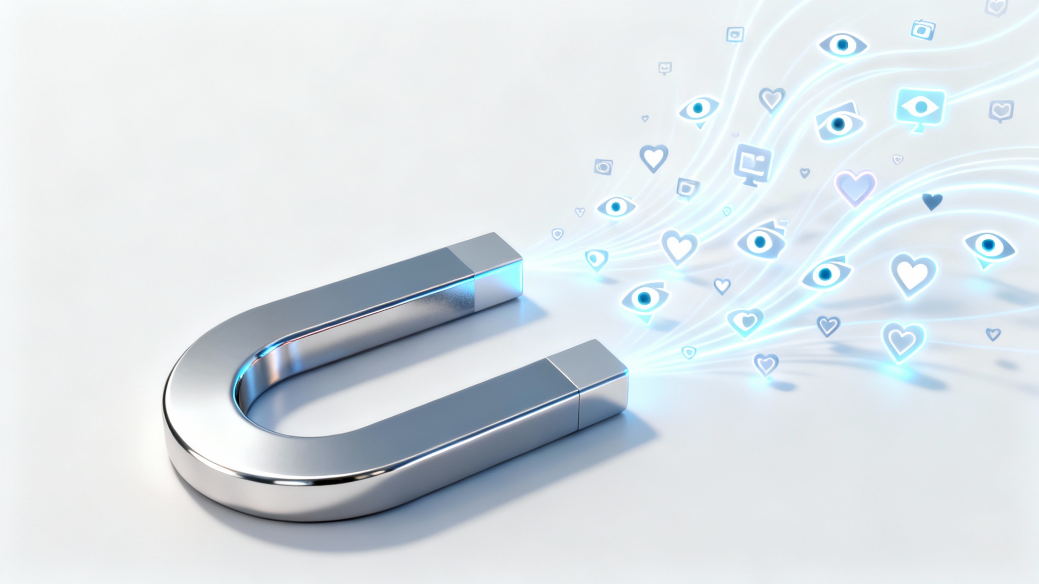 A conceptual 3D render of a large chrome magnet attracting glowing eye and heart icons against a white background, symbolizing an effective video hook.